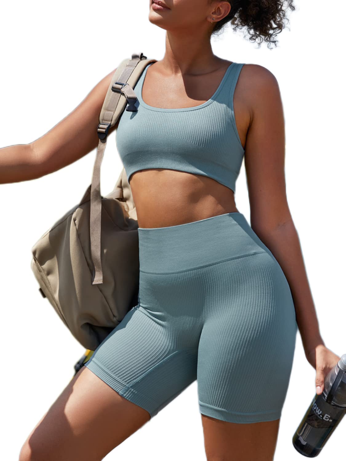 SOLY HUX Women's 2-Piece Ribbed Workout Set - Gym & Yoga Outfit