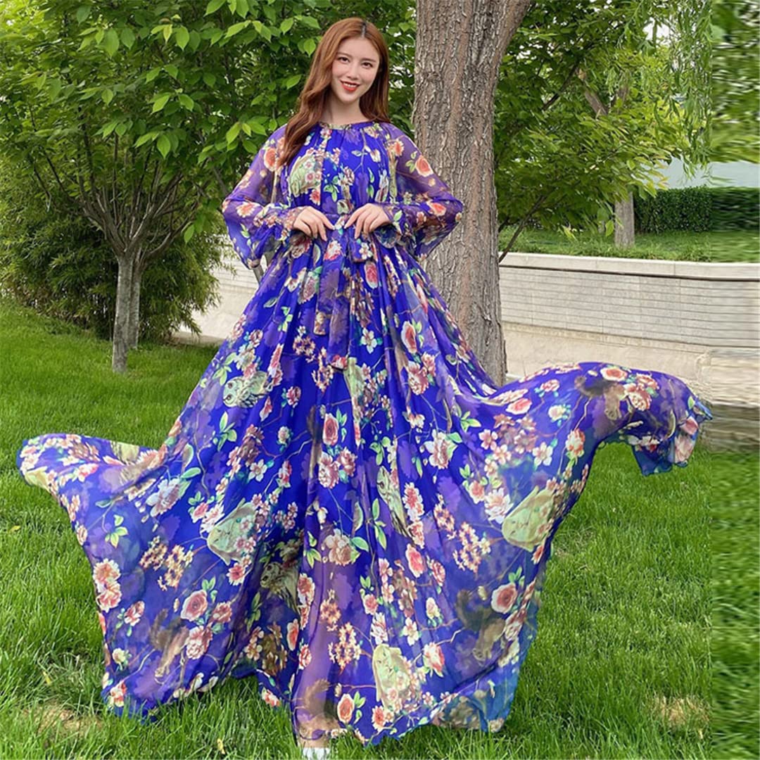 Bohemian Floral Print Long Sleeve Chiffon Dress for Women - Elegant Ruffled Maxi Dress for Parties, Weddings & Special Occasions