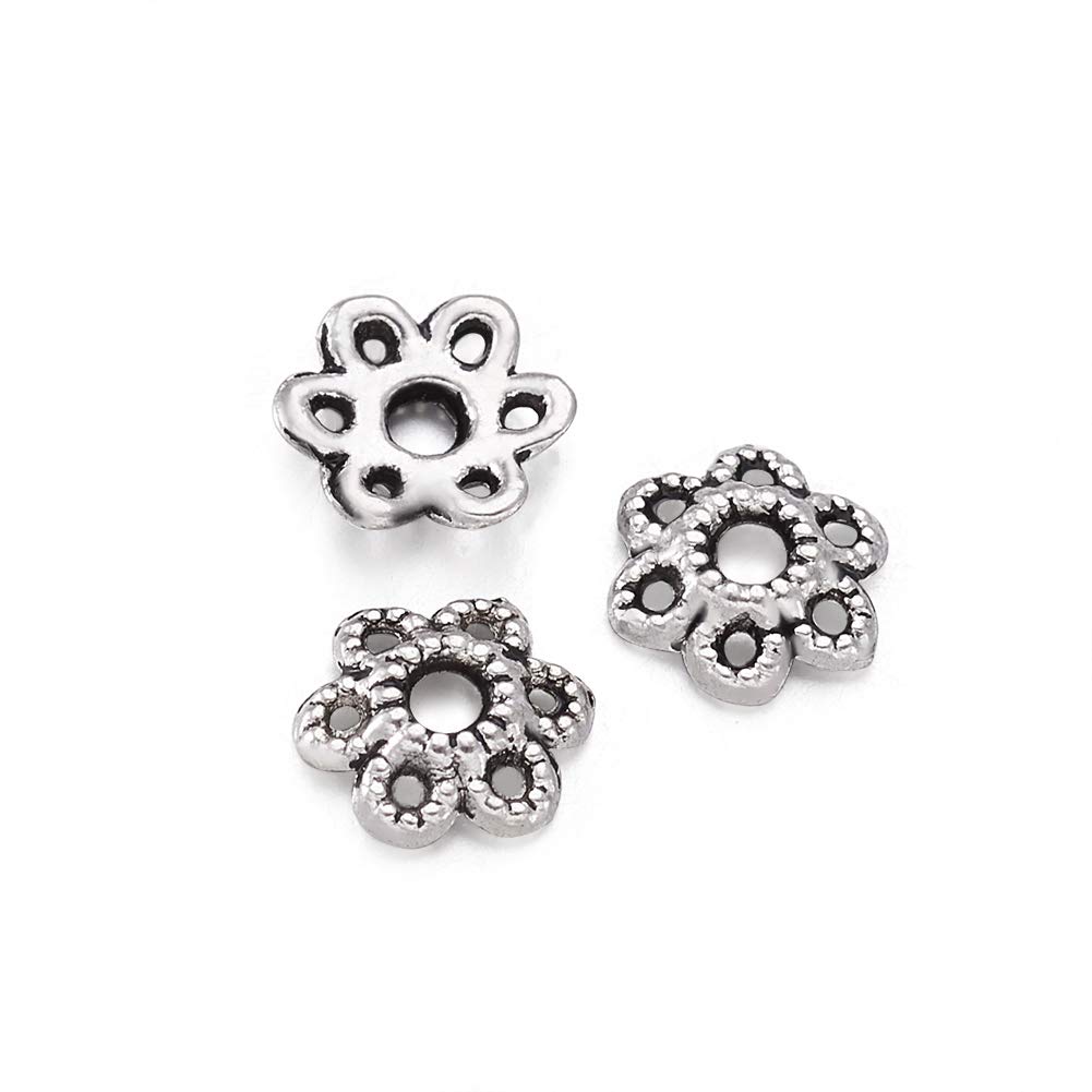 Pandahall 100pcs Tibetan Silver Hollow Flower Bead Caps 6mm Filigree Petal Spacers, Floral End Caps Bali Style Jewelry Findings for Necklace Bracelet DIY Craft Supplies, 2mm Hole, Perfect for Boho Wedding Bridal Jewelry Making
