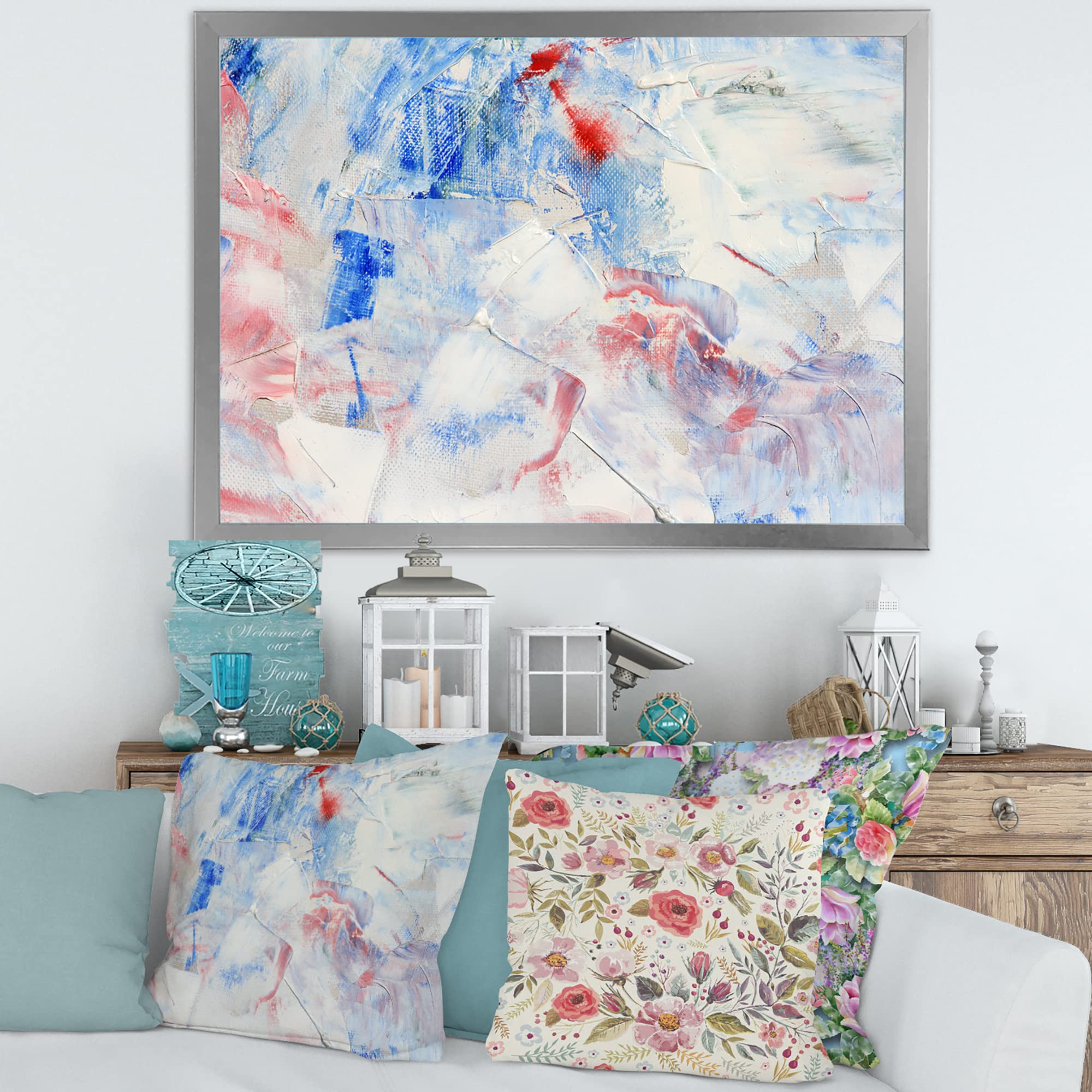 DesignQ Blue Abstract Composition Modern Framed Wall Art - Contemporary Home Decor for Living Room, Bedroom & Office - Ready to Hang Canvas Painting