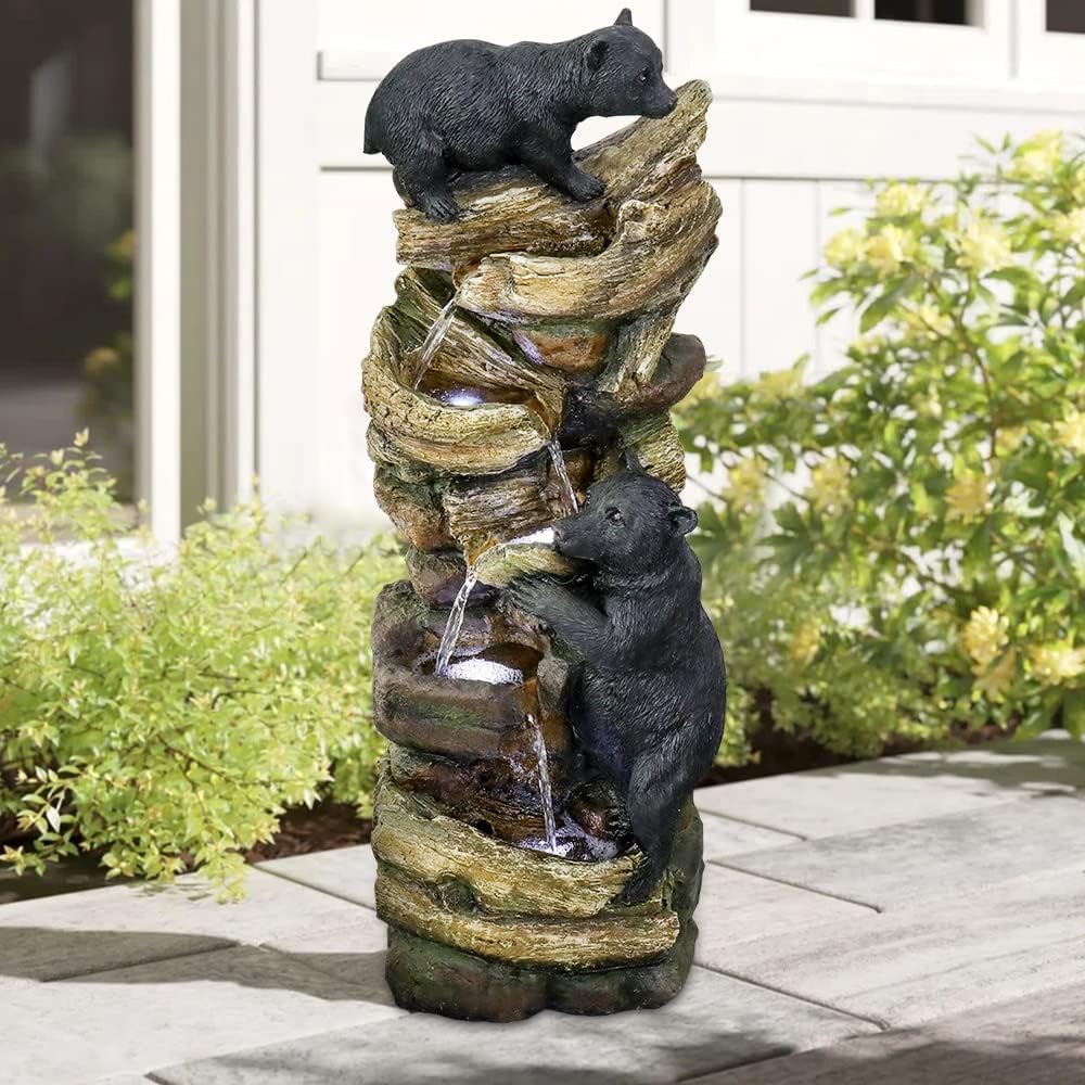 39.3 Inch 5-Tier Outdoor Garden Water Fountain with LED Lights - Bear Climbing Tree Resin Fountain for Patio, Deck, Yard - Perfect for Relaxation & Landscape Decoration (Brown)