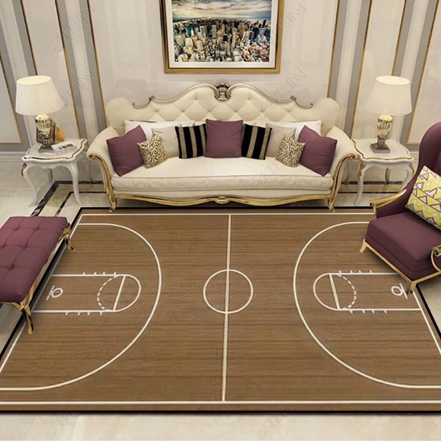 Basketball Court Area Rug - Non-Slip Hardwood Texture Floor Mat for Living Room, Bedroom, Kids Room | Indoor/Outdoor Use as Yoga Mat, Runner & Home Decor