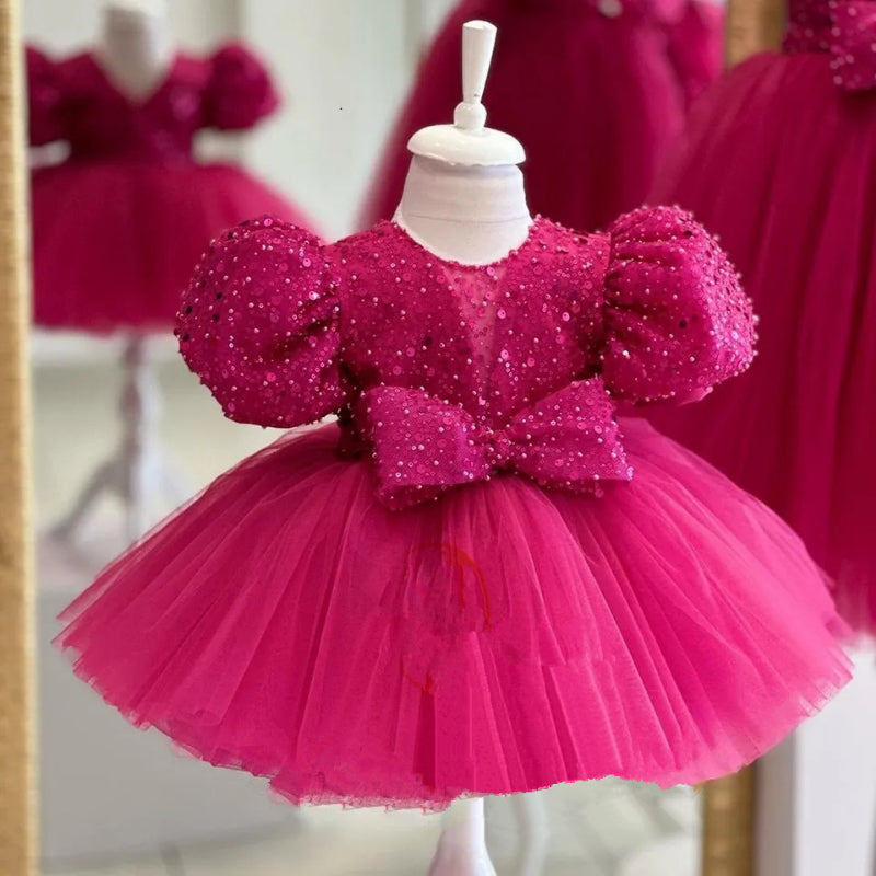 Elegant Purple Puff Sleeve Bow Dress for Baby Girls - Toddler Prom Dress for Special Occasions, Birthday Parties & Photo Shoots