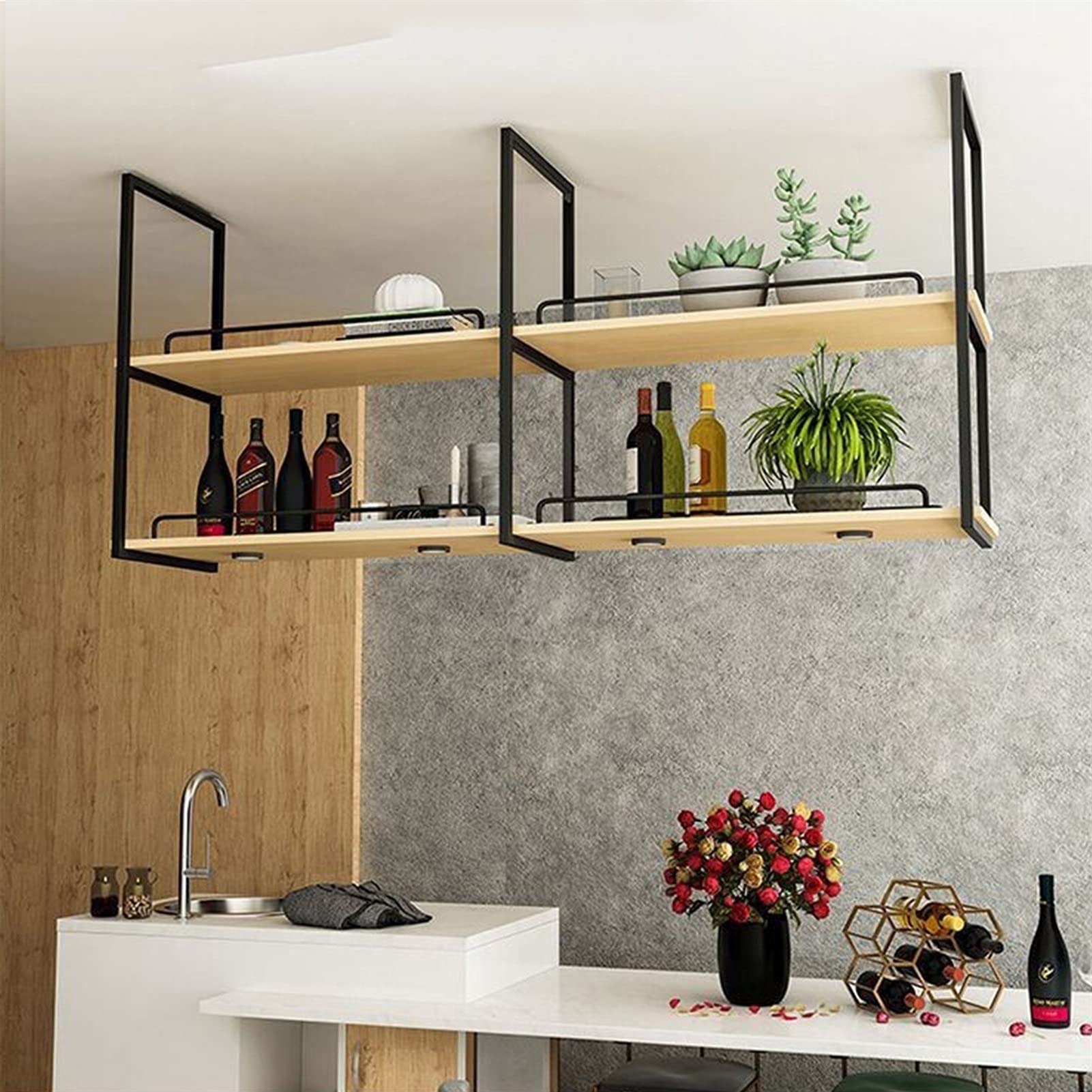 **Nordic Solid Wood Ceiling Wine Rack – Hanging Shelf for Bar, Kitchen & Dining Room – Wrought Iron Plant Stand (Black, 140x30x80cm/55x12x31in) – Perfect for Loft, Home Decor & Indoor Greenery**