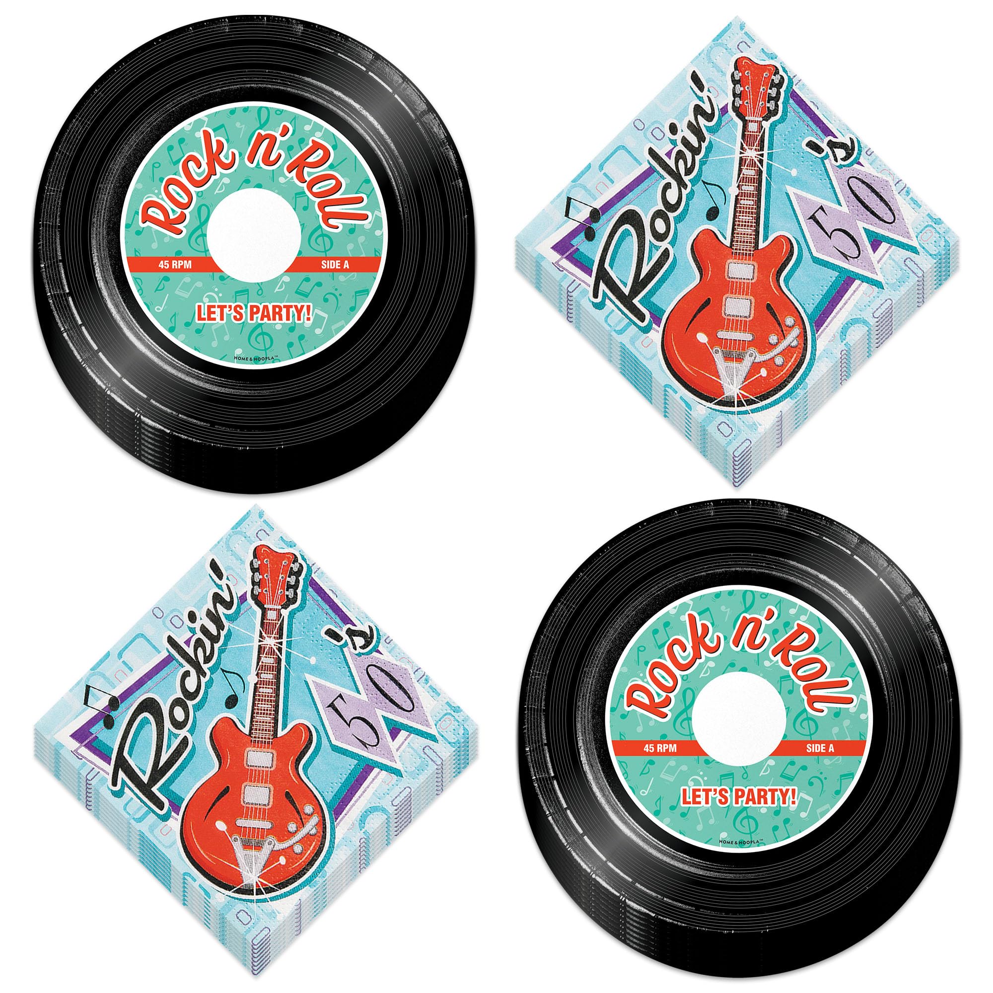 Vintage Record Themed Dessert Paper Plates & Rock and Roll Napkins Set - 50s Retro Party Supplies for 16 Guests - Perfect for Birthday, Anniversary, and Music Theme Party Decorations