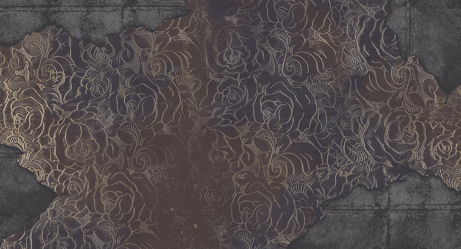 Dark Plum Floral Engraved Concrete Mural Wallpaper M9562 - Elegant Peel and Stick Wallpaper for Living Room, Bedroom, and Office Decor
