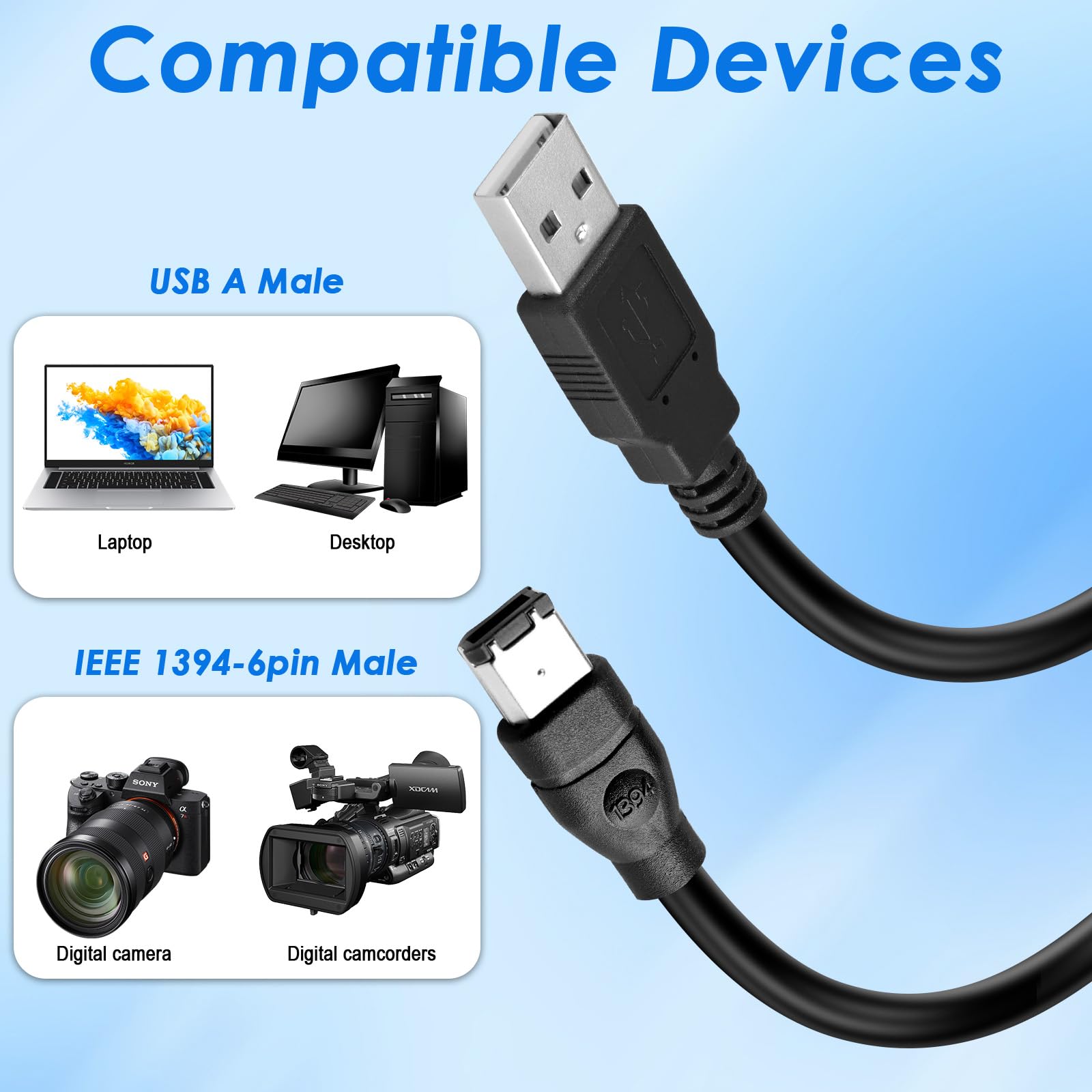 Firewire to USB Adapter Cable - 6-Pin IEEE 1394 Male to USB 2.0 Male Converter - Firewire 400 1394-a to USB A Connector Cord for Printer, Scanner, Hard Drive - Ideal for Data Transfer Between Legacy Devices and Modern Computers (Not Compatible with Sound Cards)
