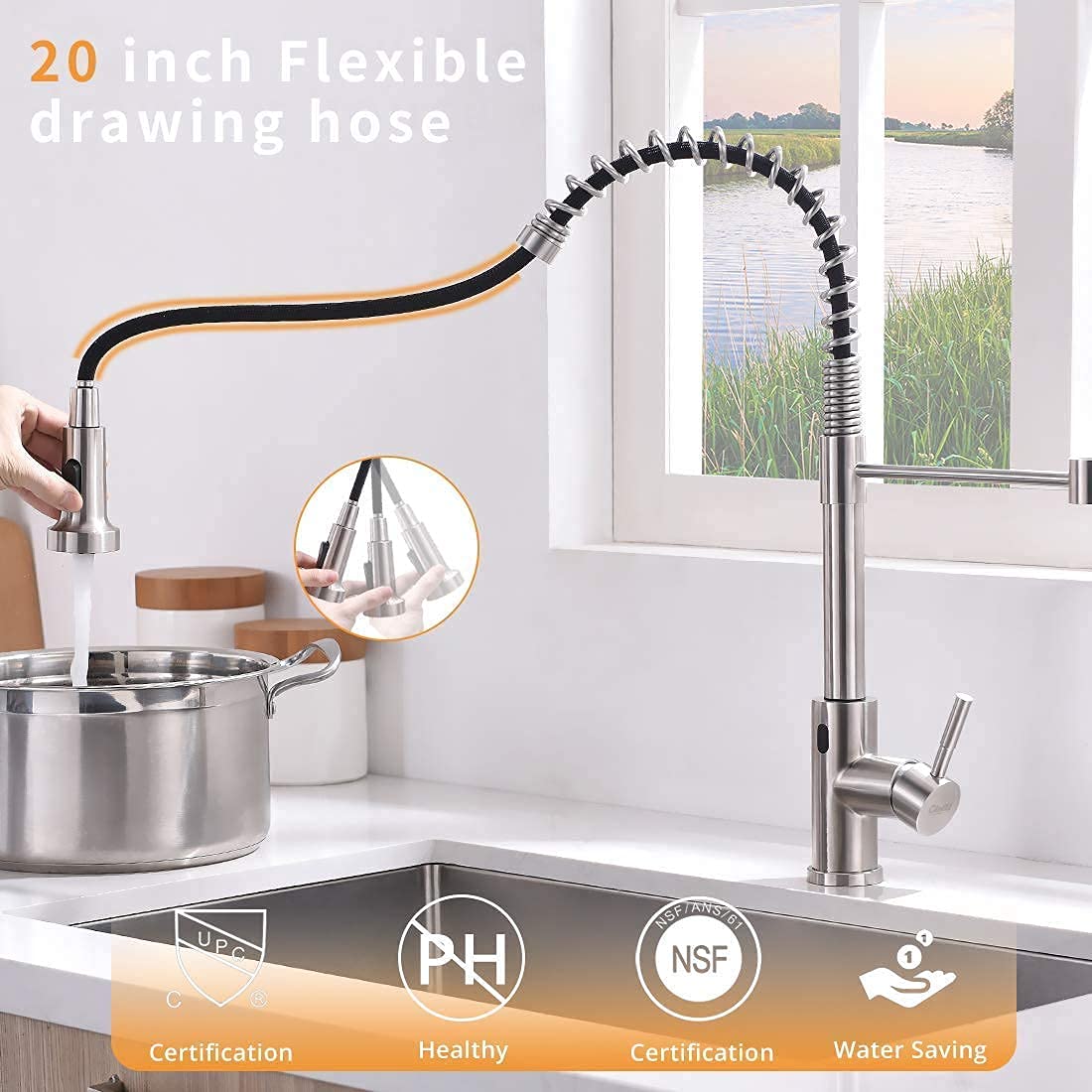 GIMILI Touchless Spring Kitchen Faucet with Soap Dispenser - Brushed Nickel Finish, Hands-Free Sensor Faucet for Modern Kitchens | Perfect for Cooking, Washing Dishes & Hygienic Food Prep