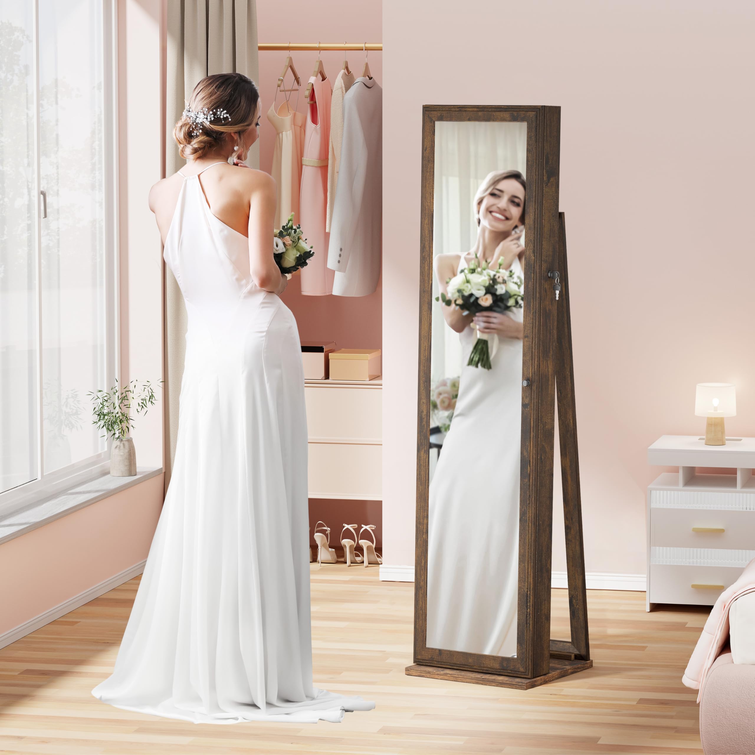 Full Length Mirror Jewelry Cabinet with Lock - Standing Jewelry Armoire Organizer for Women & Girls, Brown - Perfect for Bedroom, Closet & Dressing Room Storage