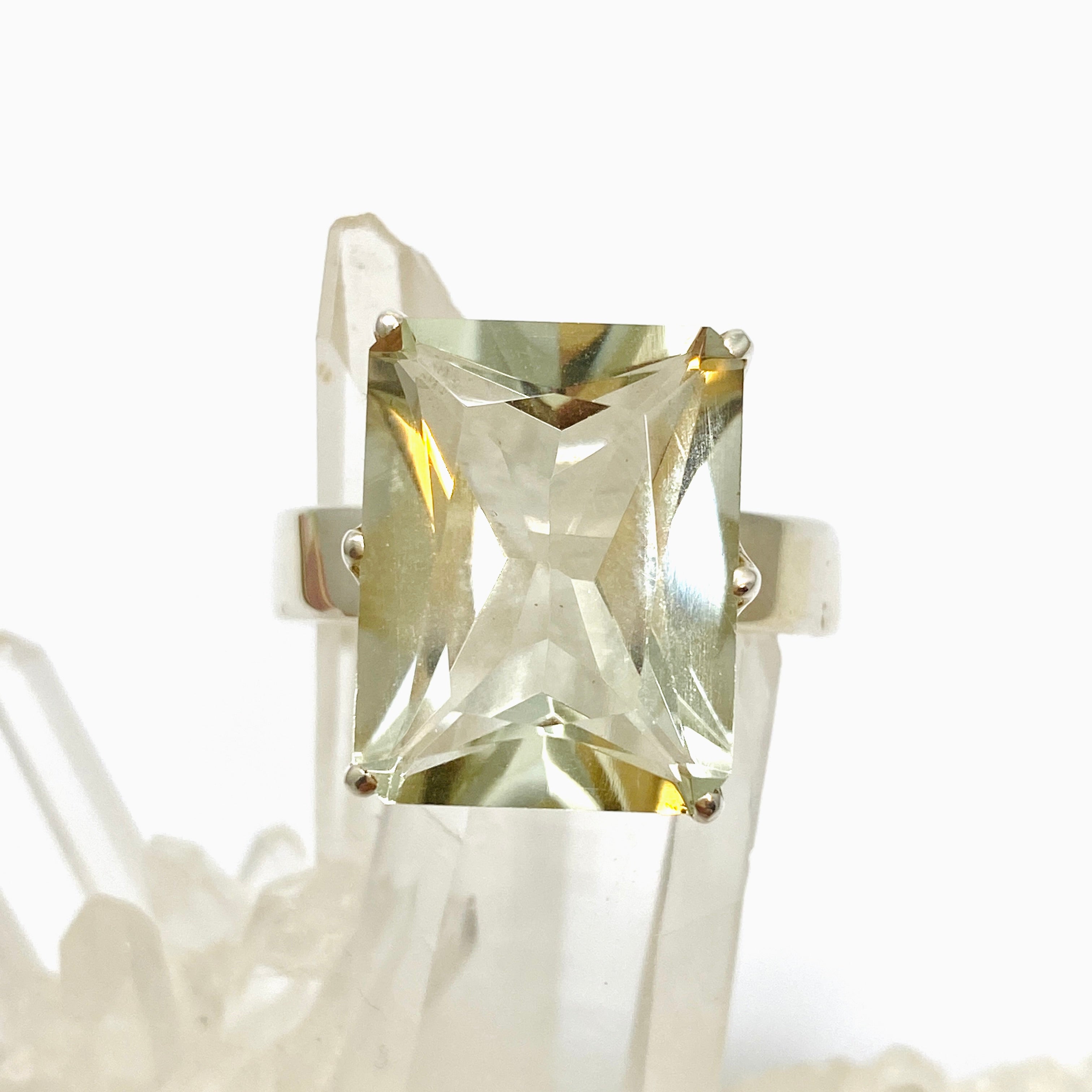 Prasiolite (Green Amethyst) Emerald Cut Faceted Ring - Size 13 - Sterling Silver Jewelry PRGJ616 - Perfect for Weddings, Anniversaries & Special Occasions