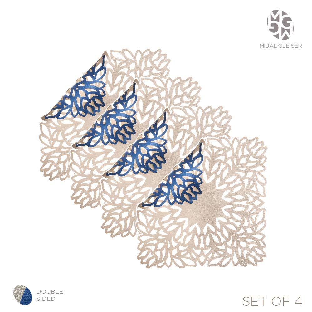Mijal Gleiser Double Sided Laser Cut Placemats - Heat Resistant, Non Slip & Stain Proof - Set of 4 - Sea Flower Collection (Royal Blue & Champagne) - Perfect for Dining Tables, Kitchen Countertops & Party Decorations