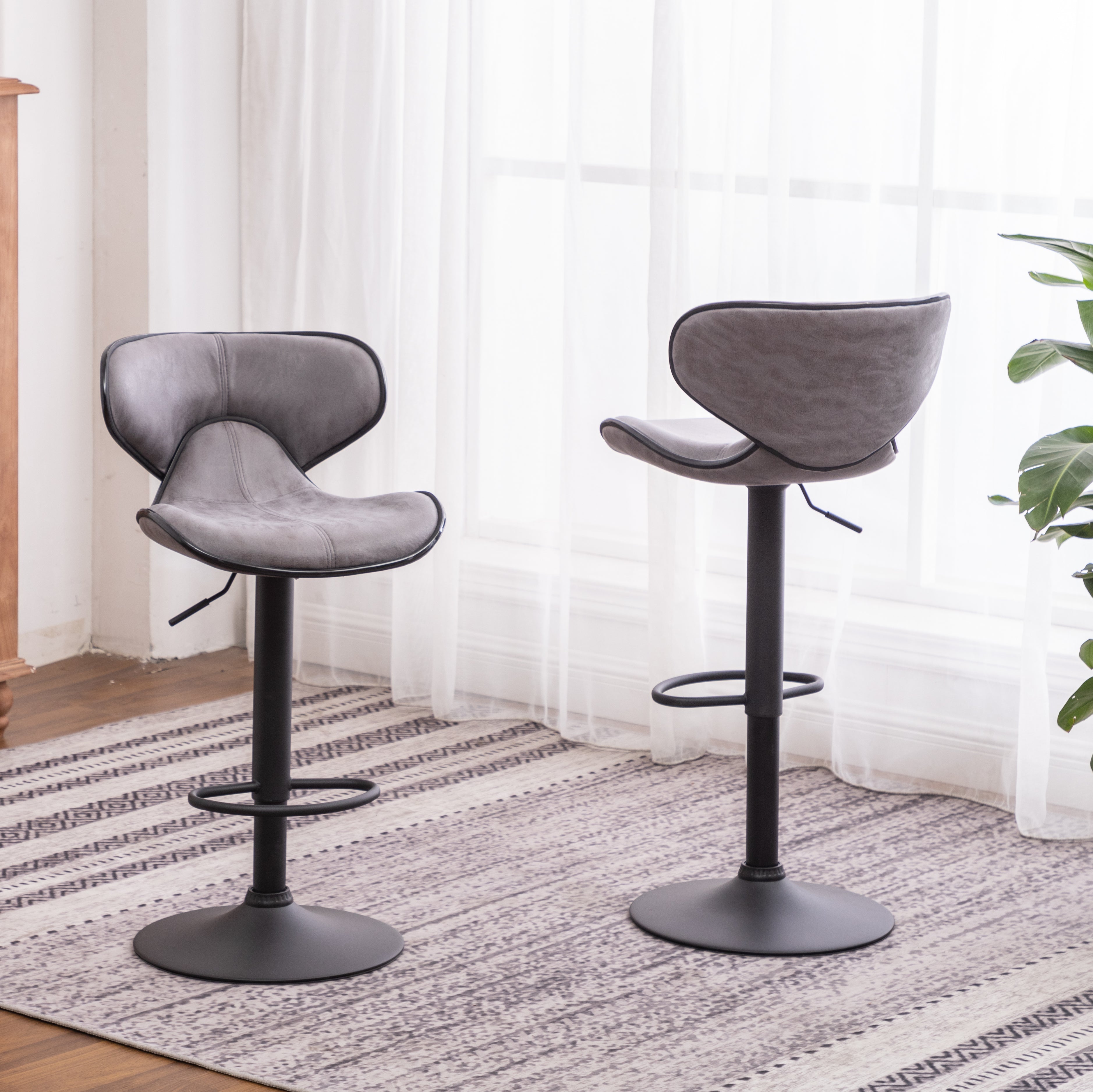 Roundhill Furniture Masaccio Adjustable Swivel Bar Stool Set of 2 - Chrome Base & Weathered Gray Upholstery - Perfect for Kitchen Islands, Home Bars & Breakfast Nooks