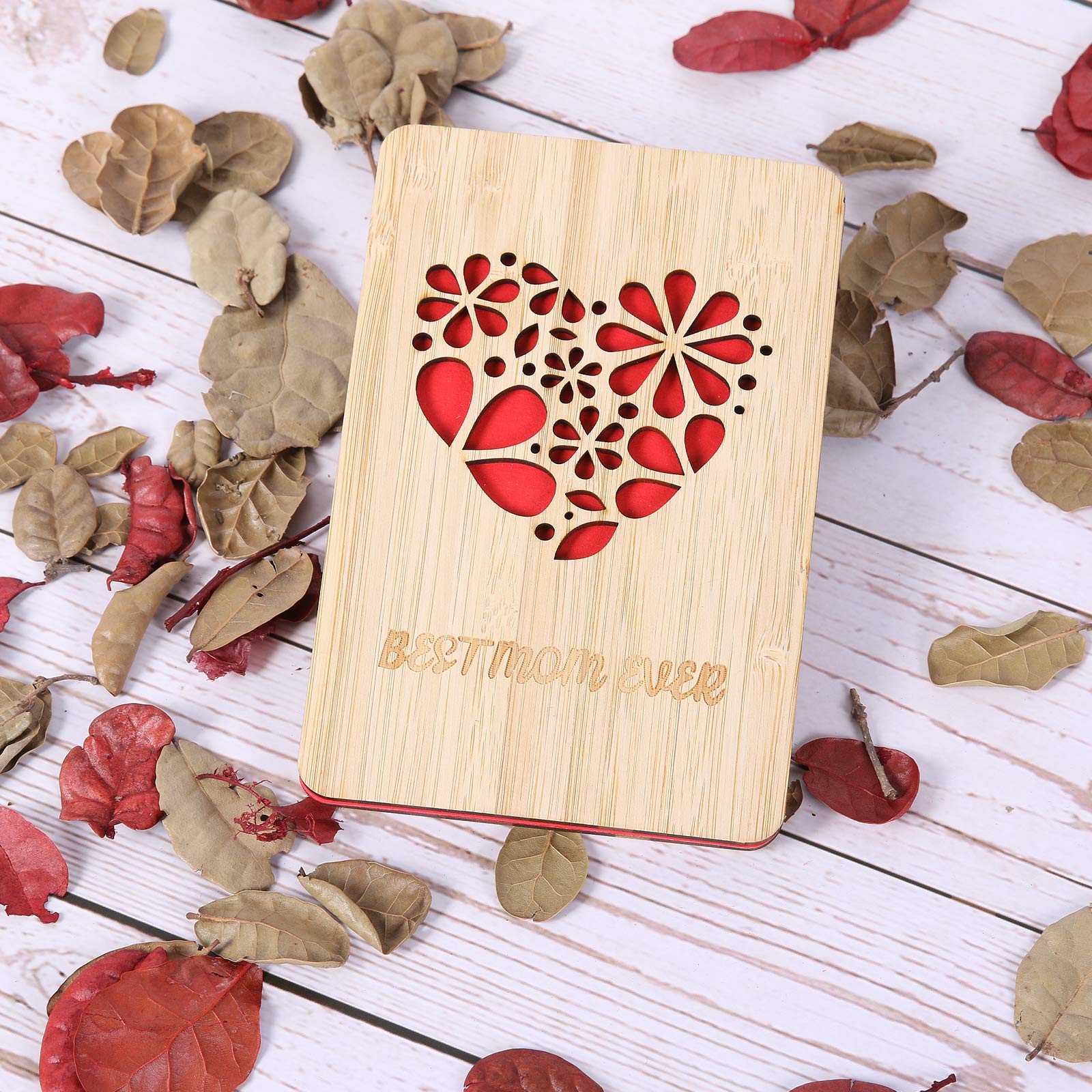 Handmade Bamboo Wood Heart-Shaped Greeting Card - Best Mom Ever Birthday Card, Mother's Day Gift, Thank You Card for Mom | Perfect for Mother's Day, Birthday Celebrations & Special Occasions