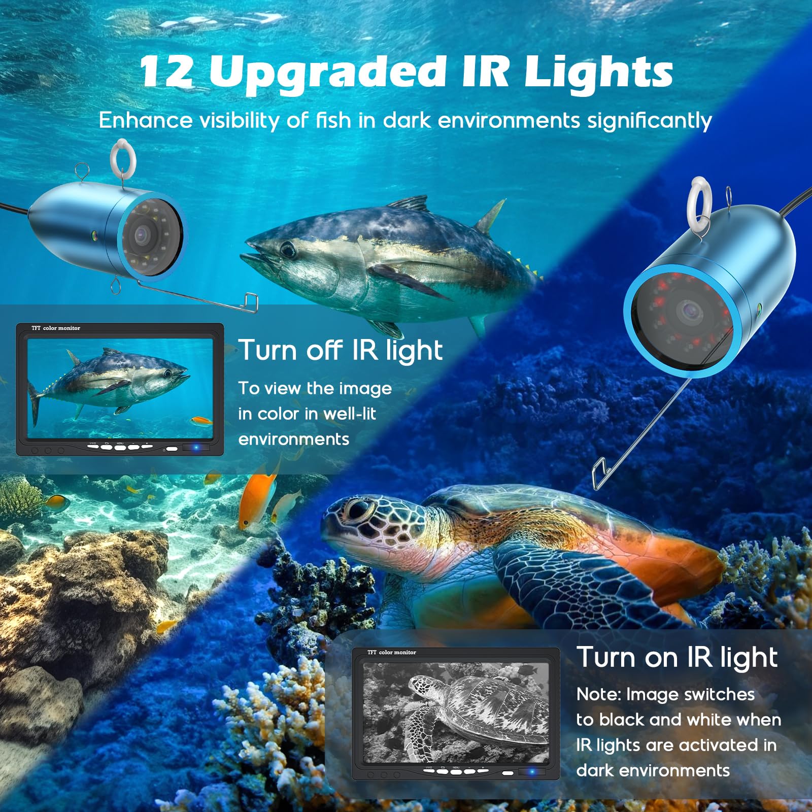 Underwater Fishing Camera - Onbeam 7 Inch HD Ice Fishing Camera with 12 IR Lights, 1000TVL Portable Fish Finder for Deep Sea, Lake & Boat Fishing | Perfect for Ice Fishing & Night Fishing Adventures