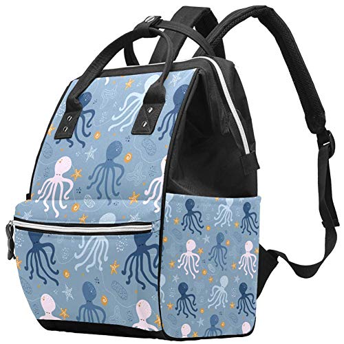 Shiny Cute Blue Octopus Diaper Backpack - Waterproof Baby Care Backpack with Cooler Pocket & Tissue Holder - Perfect for Travel, Daycare & Parenting Outings