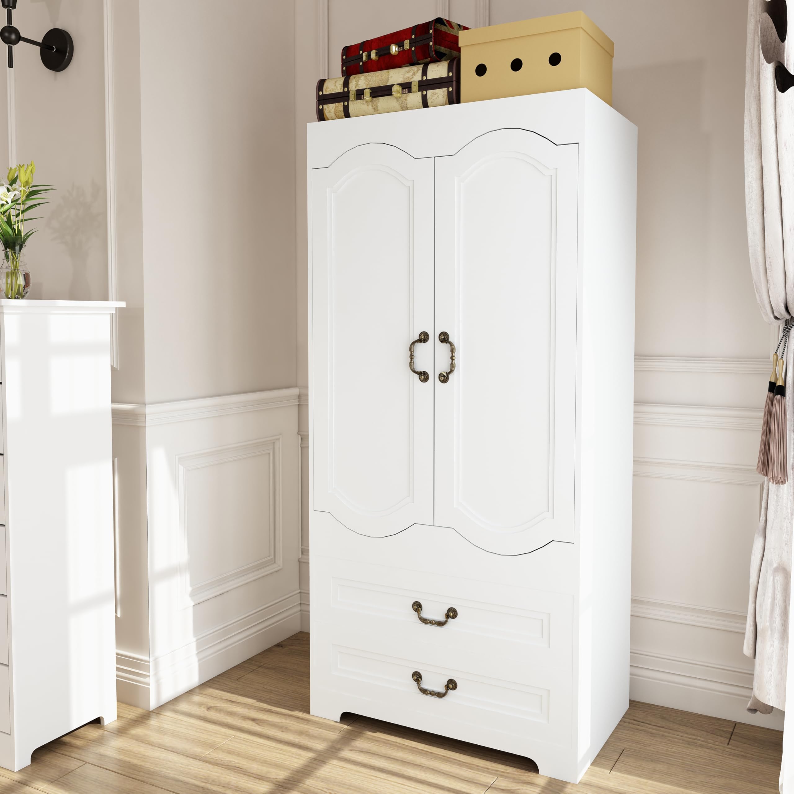 Vintage White Wooden Wardrobe Closet - 2 Door Standing Armoire with 2 Drawers & Hanging Rail for Bedroom Storage | Perfect for Small Spaces, Guest Rooms & Apartment Organization (Retro Style)