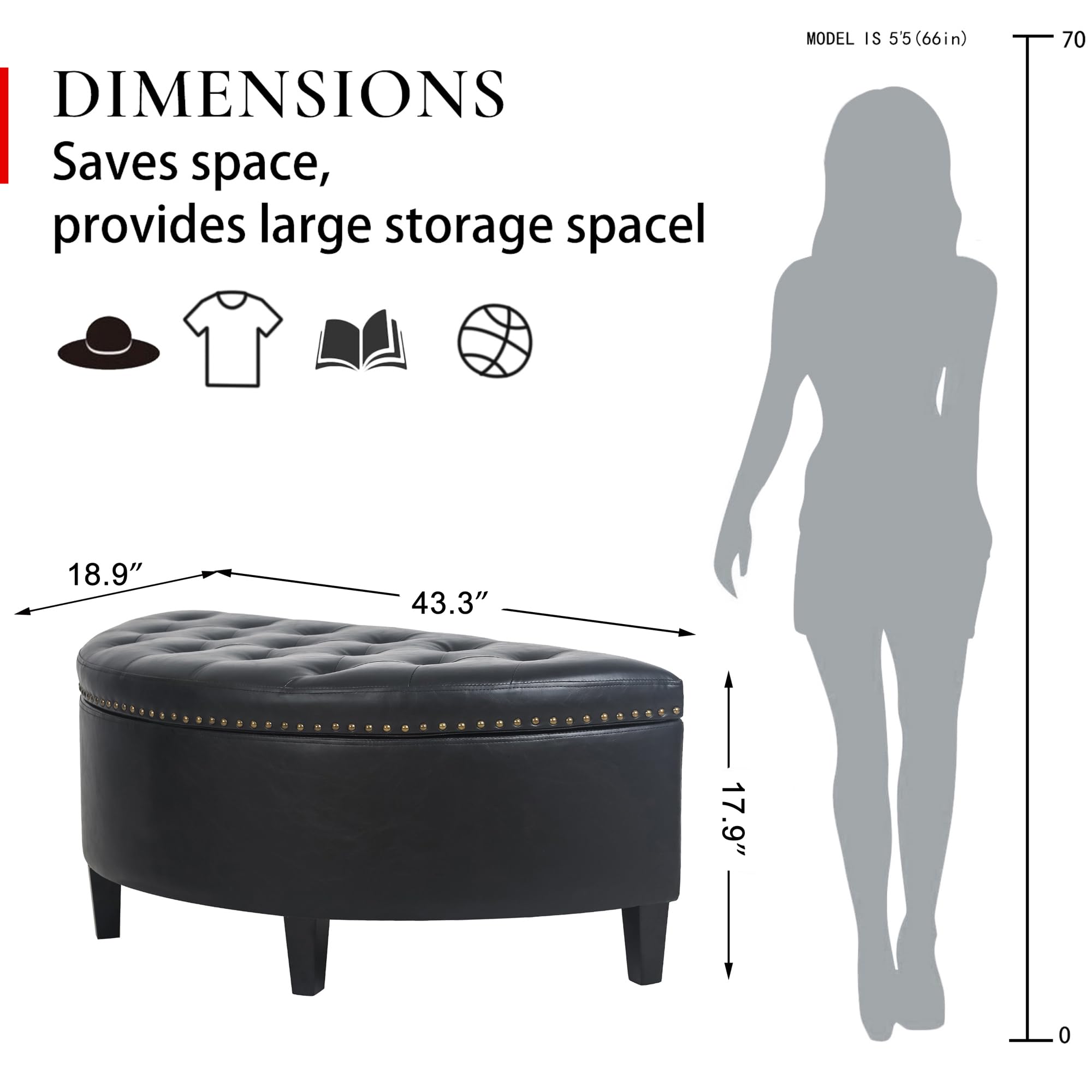 Joveco Storage Bench - PU Leather Half Moon Button Tufted Ottoman with Rivet Decor, Multi-Functional Coffee Table for Living Room, Bedroom & Entryway - Perfect for Extra Seating, Storage & Home Decor