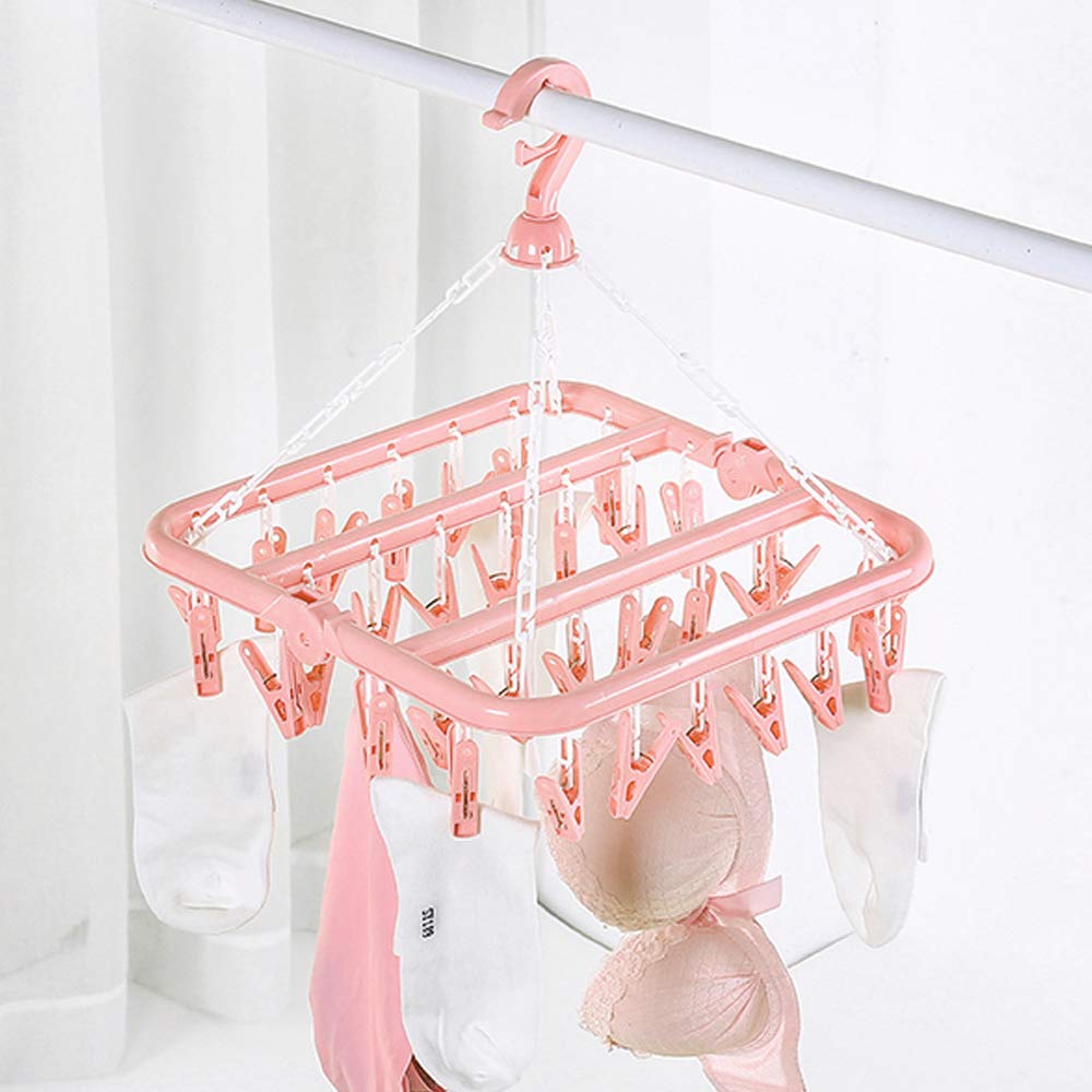 **SteelFever 32-Clip Foldable Clothes Drying Rack - Space-Saving Laundry Hanger for Underwear, Socks, Delicates (Light Pink) - Perfect for Apartments, Dorms, Travel & Small Spaces**
