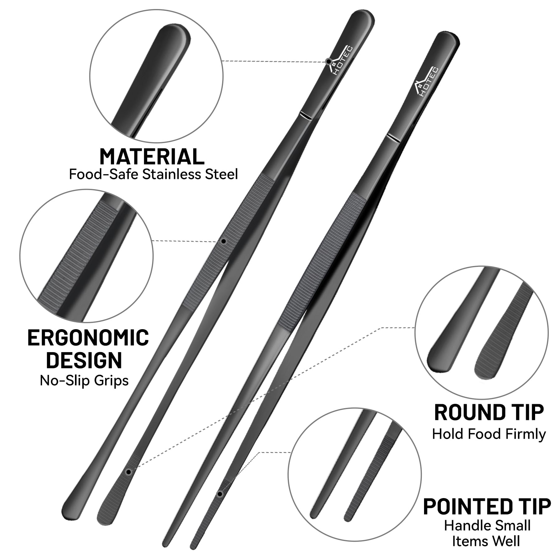 Hotec 12-Inch Extra-Long Stainless Steel Kitchen Tweezers - Set of 2 Black Cooking Tongs for Precision Grilling, Plating, and Serving - Perfect for Chefs, BBQ, and Fine Dining Presentation