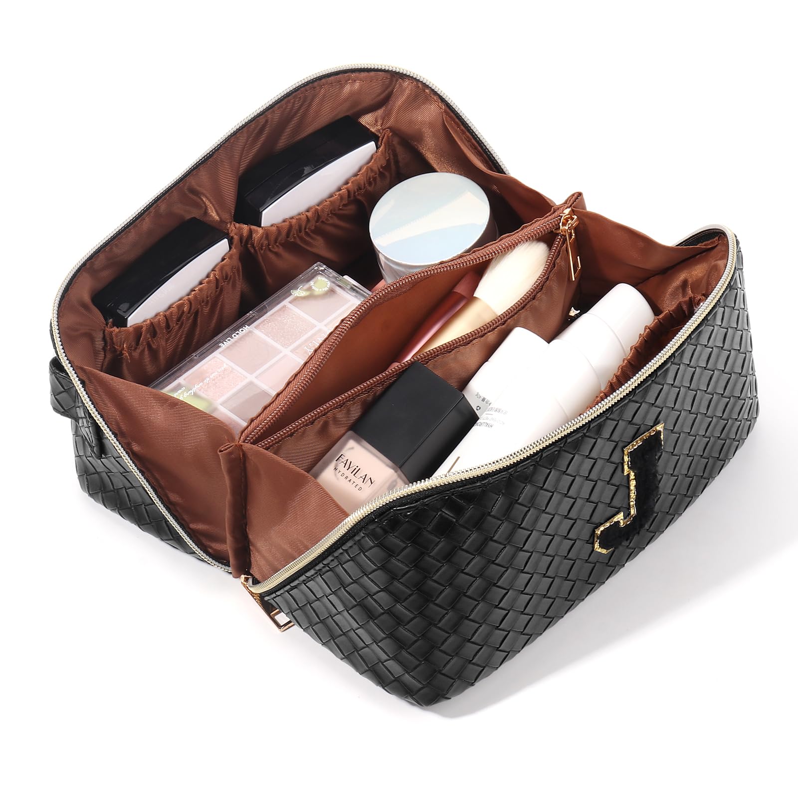 **Personalized Travel Makeup Bag with Strap - Large Capacity Cosmetic Organizer for Women & Girls, Portable Crossbody Toiletry Pouch (Black, Monogram M) - Perfect for Vacations, Gym & Daily Essentials**
