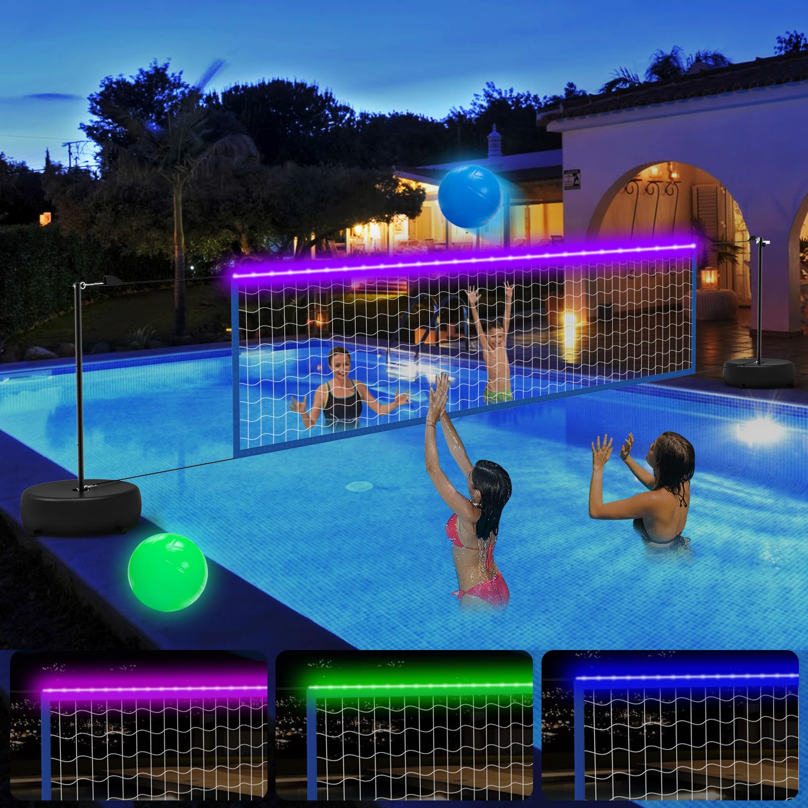Solar Powered Pool Volleyball Net Set with LED Lights - Portable Outdoor Volleyball Net for Inground Pools, Includes 2 Glowing Balls, Pump & Weighted Bases, Adjustable Length 15ft-32ft - Perfect for Backyard Parties, Beach Games & Summer Pool Fun