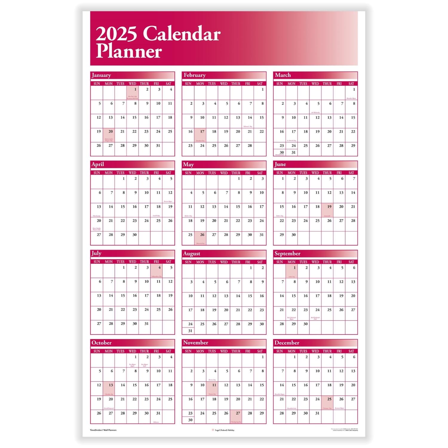 2025 Full Year Wall Calendar Planner - 2-Sided Large 36