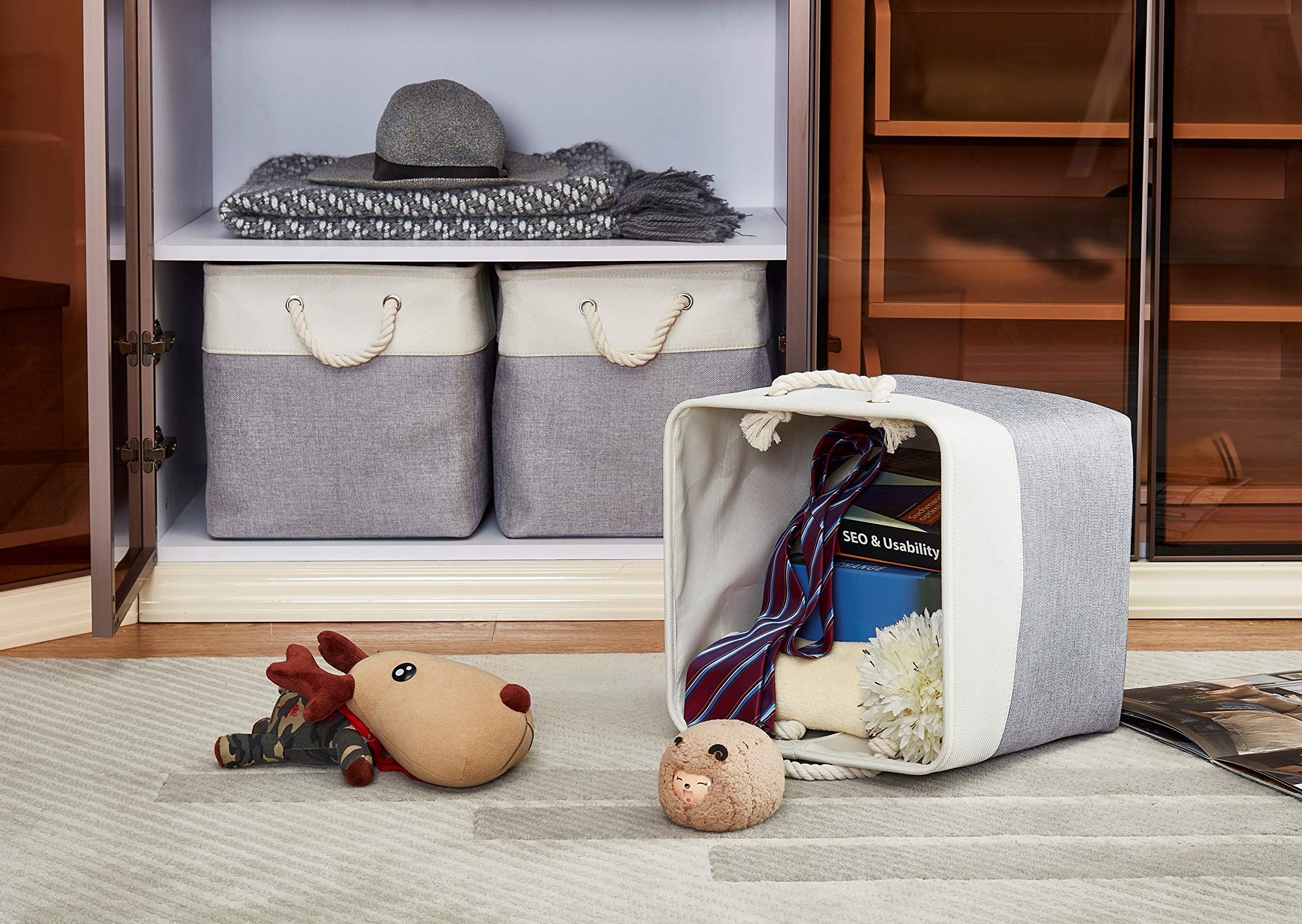 DECOMOMO 13 x 13 Inch Cube Storage Bins - 3 Pack Fabric Organizer Bins for Closet, Shelves & Toy Storage | Grey & White Collapsible Storage Cubes for Home, Office & Kids Room Organization