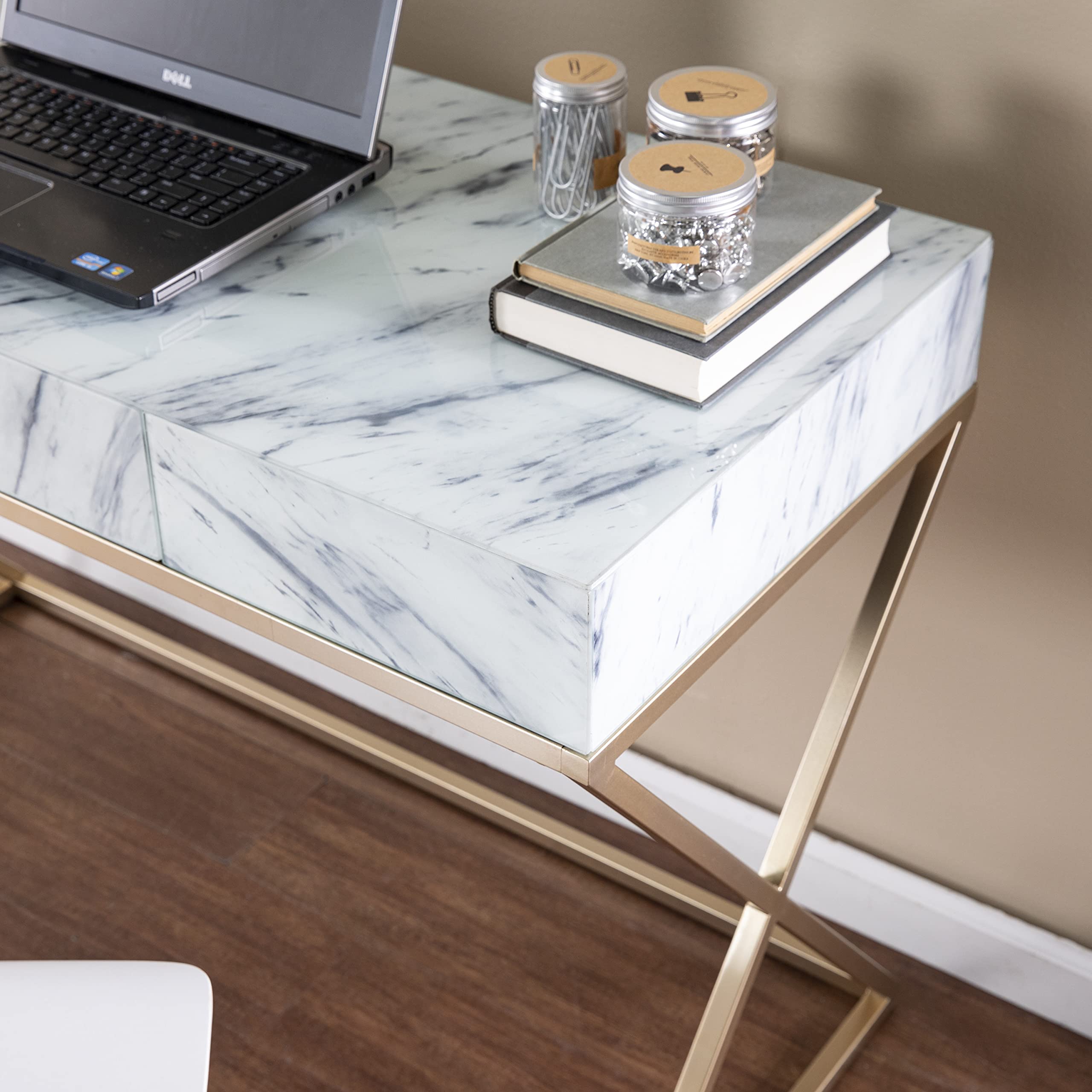 SEI Furniture Kamblemore White Faux Marble Writing Desk with Storage Drawers - Modern Home Office Desk for Small Spaces, Study & Workstation