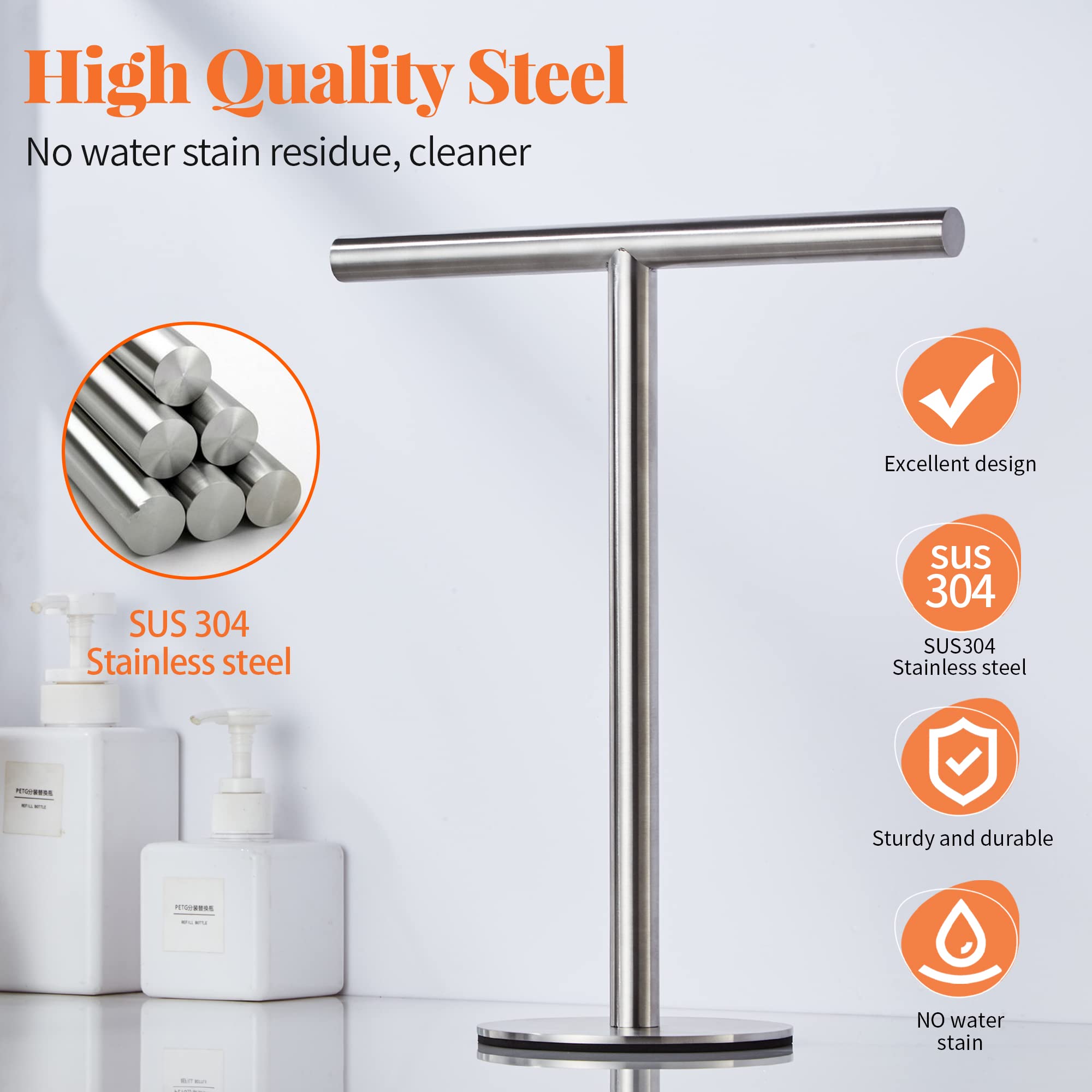 Stainless Steel T-Shape Towel Rack Stand - SUS304 Brushed Finish Bathroom & Kitchen Hand Towel Holder for Countertop & Vanity | Perfect for Modern Home Decor & Spa-Like Experience
