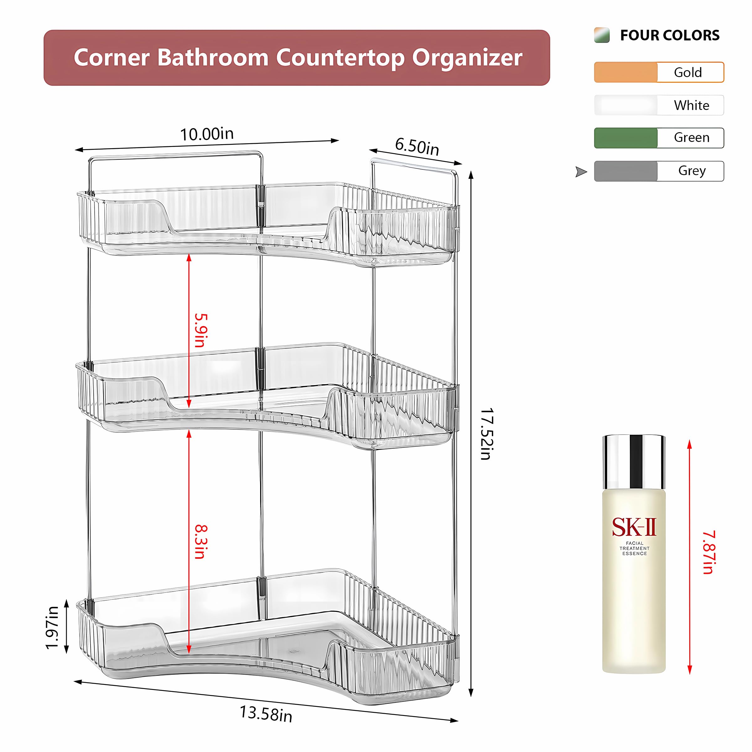 3-Tier Grey Corner Bathroom Counter Organizer - Vanity Makeup & Perfume Storage Shelf for Small Spaces | Perfect for Cosmetics, Skincare & Jewelry Organization in Bathroom, Bedroom or Dressing Table