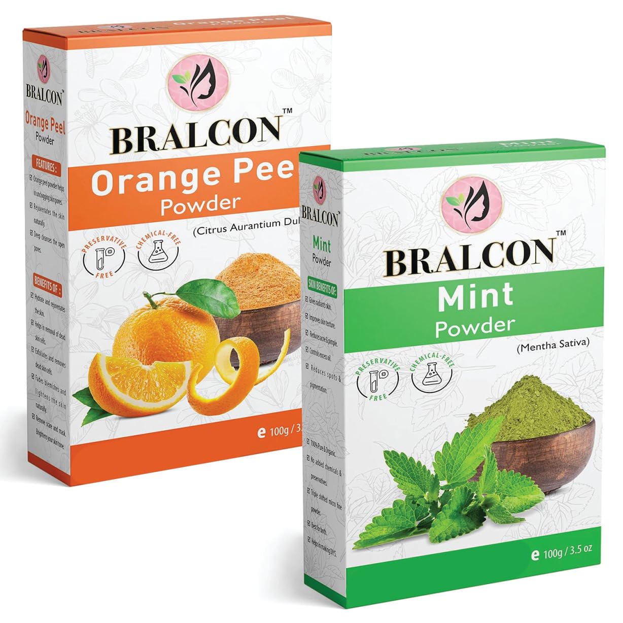 BRALCON Organic Orange Peel Powder & Mint Leaves Powder Combo - 200g (100g x 2 Pack) | Natural Skin Whitening, Oil Control & Hair Growth Treatment | Face Mask for Glowing Skin | DIY Beauty & Spa Care at Home