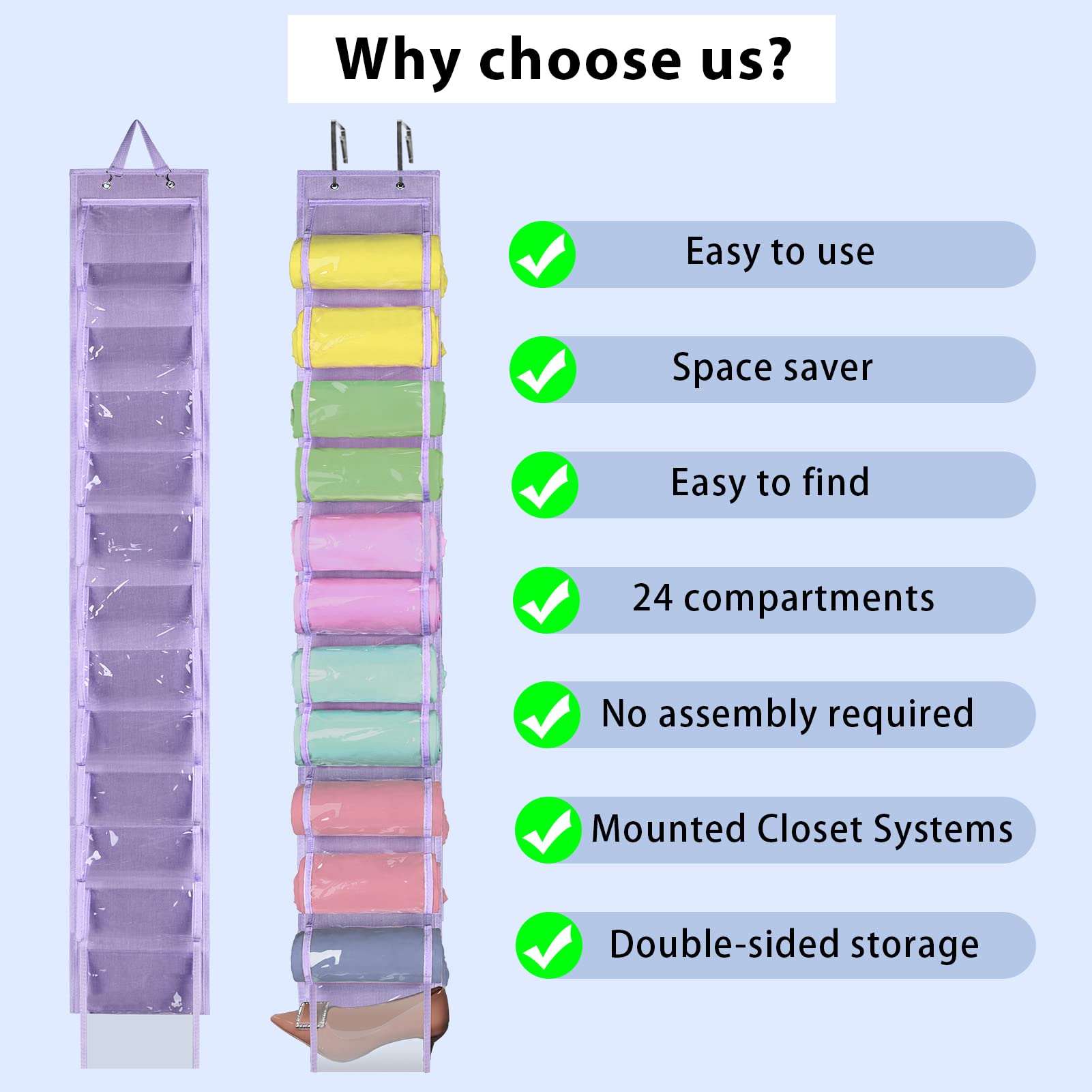 Premium Legging Organizer & Closet Storage Solution - 24 Compartment Space-Saving Clothes Roll Holder for T-Shirts, Pants & Purses (Purple) | Perfect for Bedroom, Dorm & Travel Organization