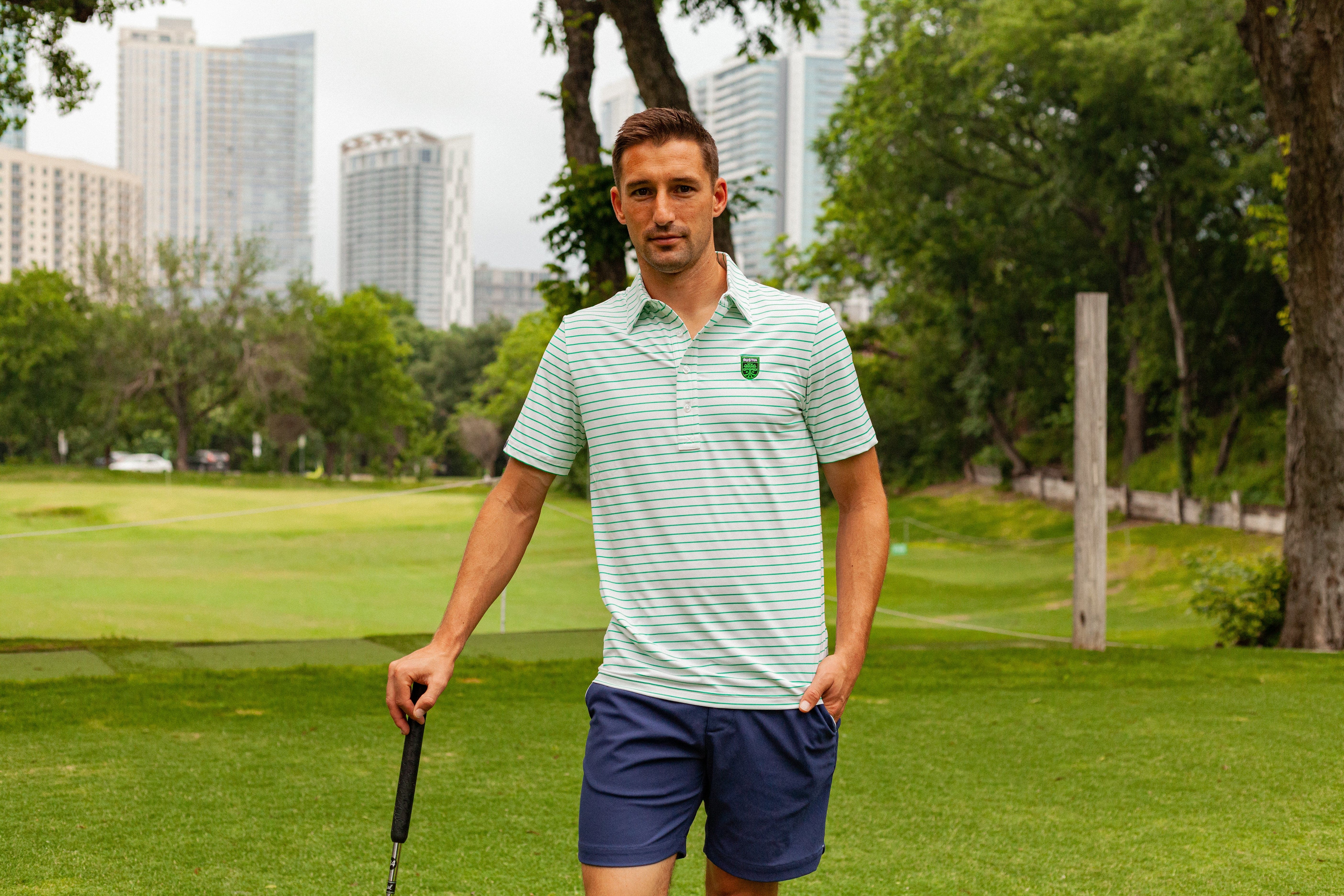Austin FC Performance Sport Polo with Badge - White and Verde Stripe Soccer Jersey for Men | Game Day, Training & Casual Wear
