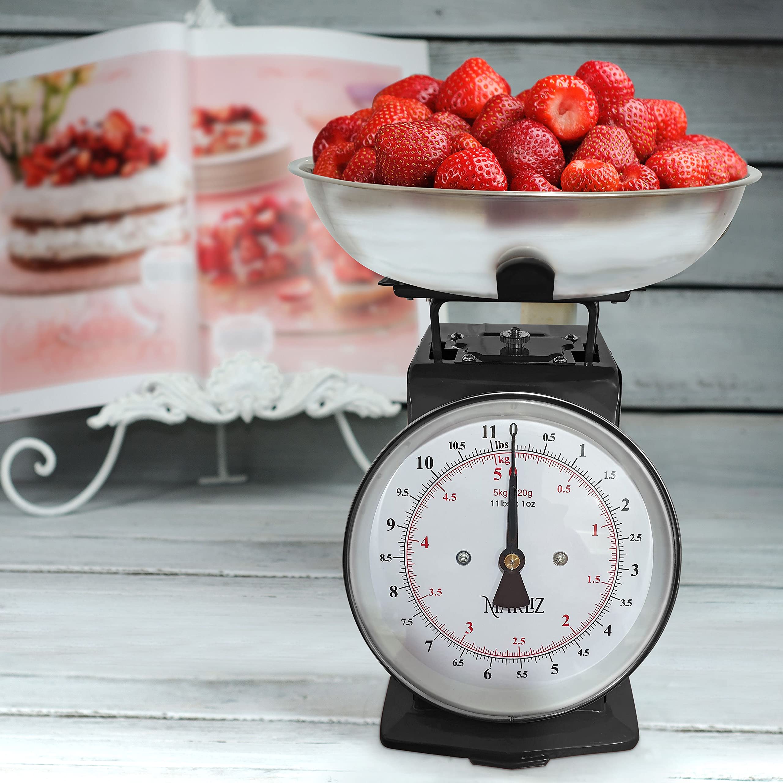 Vintage MARLIZ Kitchen Scale 11Lb/5Kg with 2 Bowls - Mechanical Dial Food Scale for Baking, Cooking & Meal Prep | Black Baker's Scale for Home & Professional Kitchens