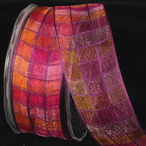 The Ribbon People Orange and Pink Squares French Wired Craft Ribbon - 1.5 Inch x 27 Yards Bulk Spool for Gift Wrapping, Floral Arrangements, DIY Crafts and Party Decorations