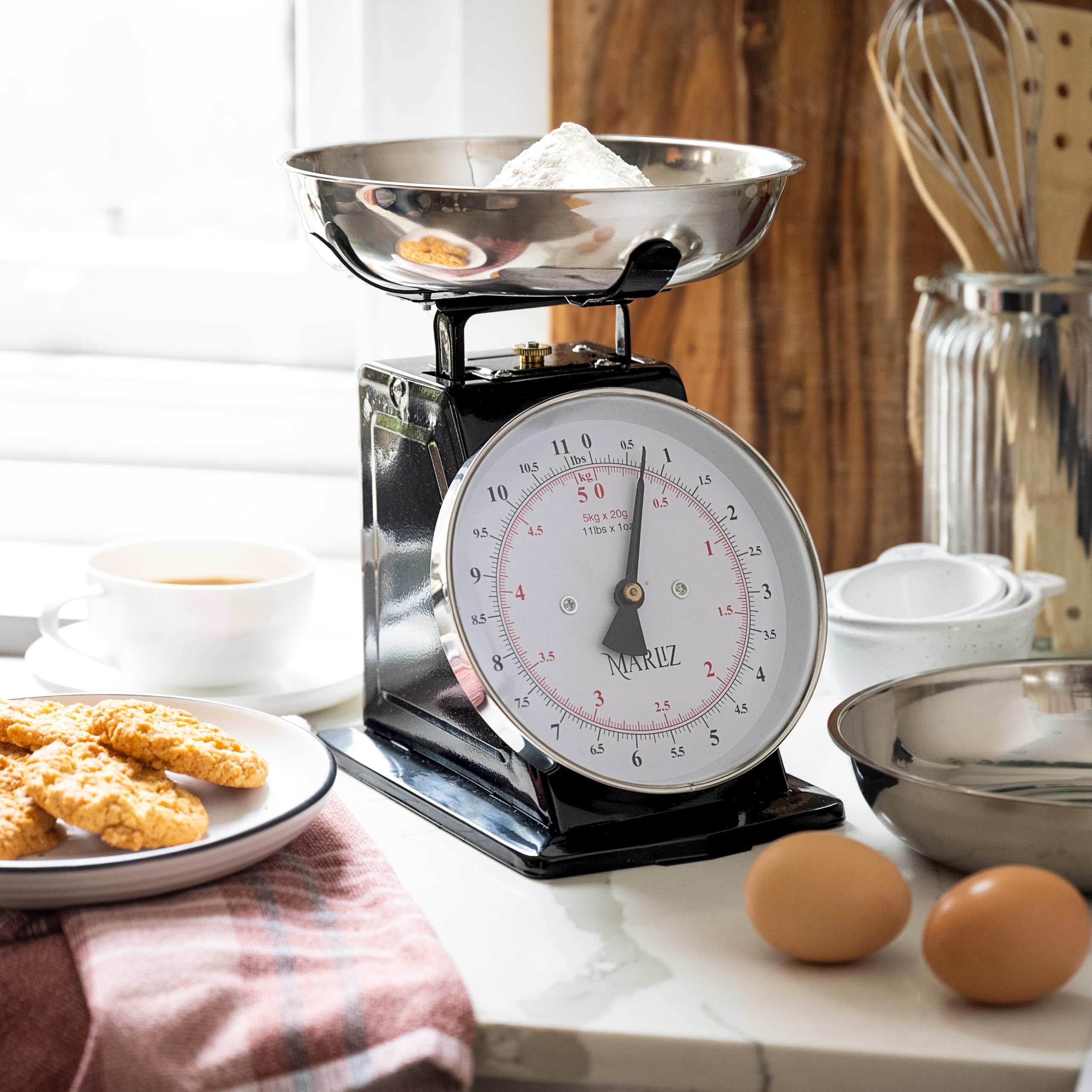 Vintage MARLIZ Kitchen Scale 11Lb/5Kg with 2 Bowls - Mechanical Dial Food Scale for Baking, Cooking & Meal Prep | Black Baker's Scale for Home & Professional Kitchens