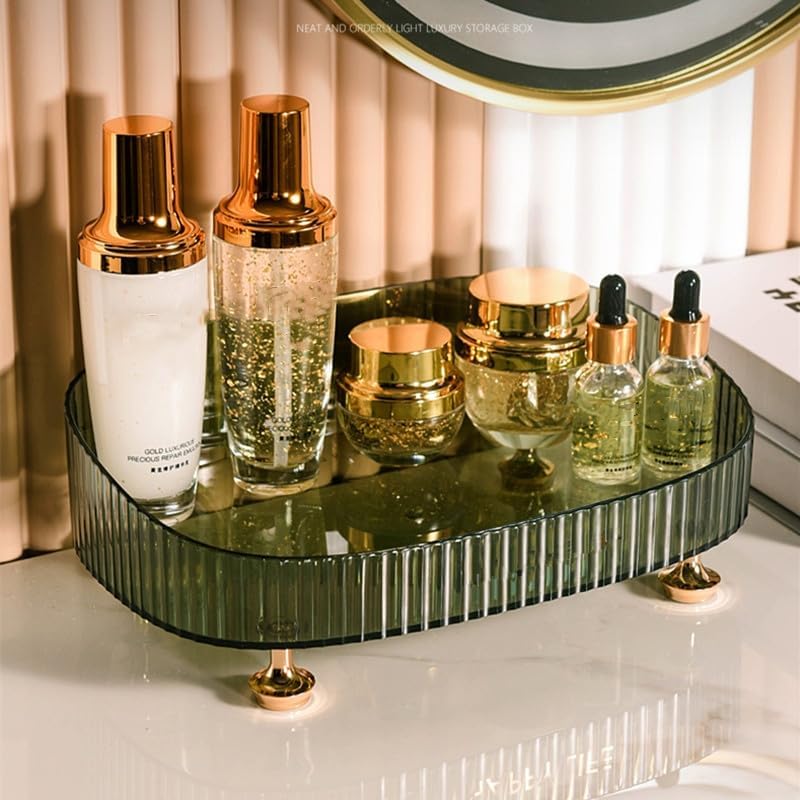 Makeup Perfume Organizer Vanity Tray - Cosmetic Skincare Countertop Storage Tray for Bathroom Vanity Dresser Table - Green Aesthetic Organizer for Makeup Brushes, Jewelry & Perfume Bottles - Perfect for Bedroom, Bathroom & Dressing Table Decor