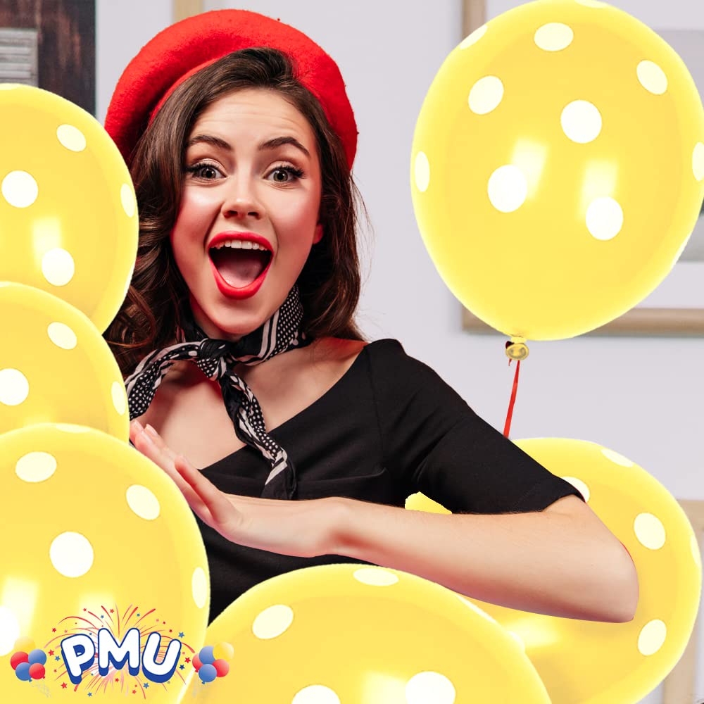 Premium 11 Inch Yellow Polka Dot Balloons - 25 Pack with White Dots for Birthday Parties, Baby Showers & Decorations | PMU PartyTex All-Over Print Latex Balloons