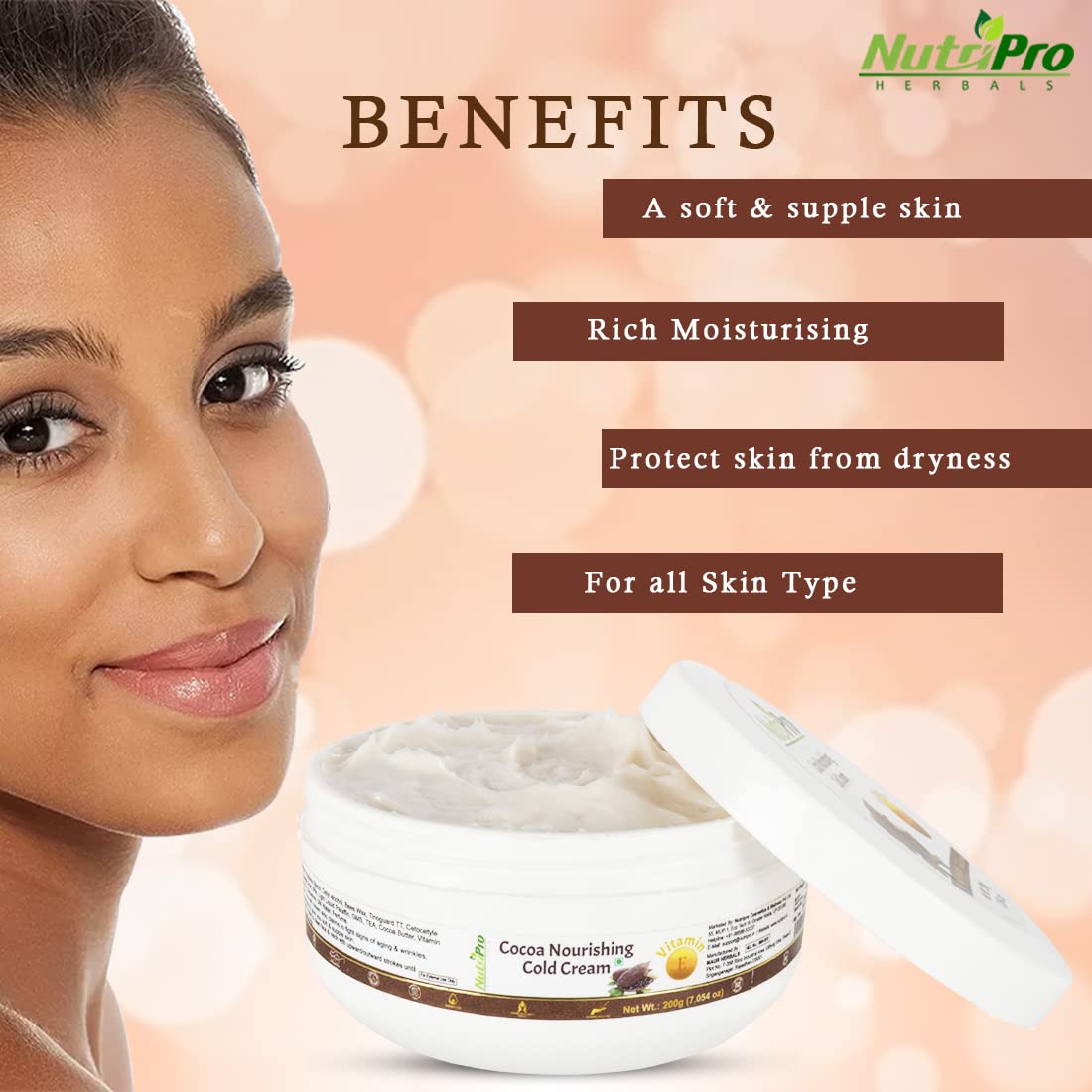 NutriPro Cocoa Nourishing Cold Cream with Coffee & Vitamin E - Deep Moisturizing Face Cream for Dry Skin, 200ml - Perfect for Nighttime Skincare Routine & Winter Skin Protection