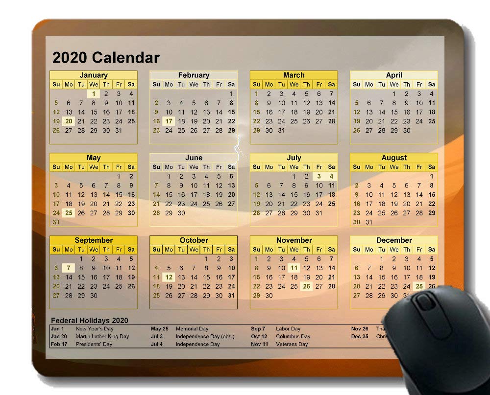 2020 Calendar Mouse Pad with Stitched Edge - Astronaut Desert Nature Lightning Themed Office Mouse Pad for Computer, Gaming & Workstation Use