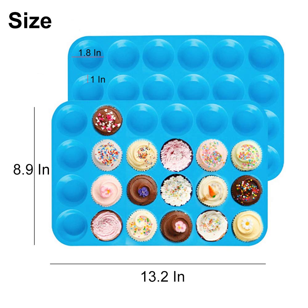 Qtopun 4-Pack Silicone Mini Muffin Pan - 24 Cups Non-Stick Baking Mold for Cupcakes, Muffins & Desserts - Perfect for Home Baking, Party Treats & Holiday Cooking (Blue)