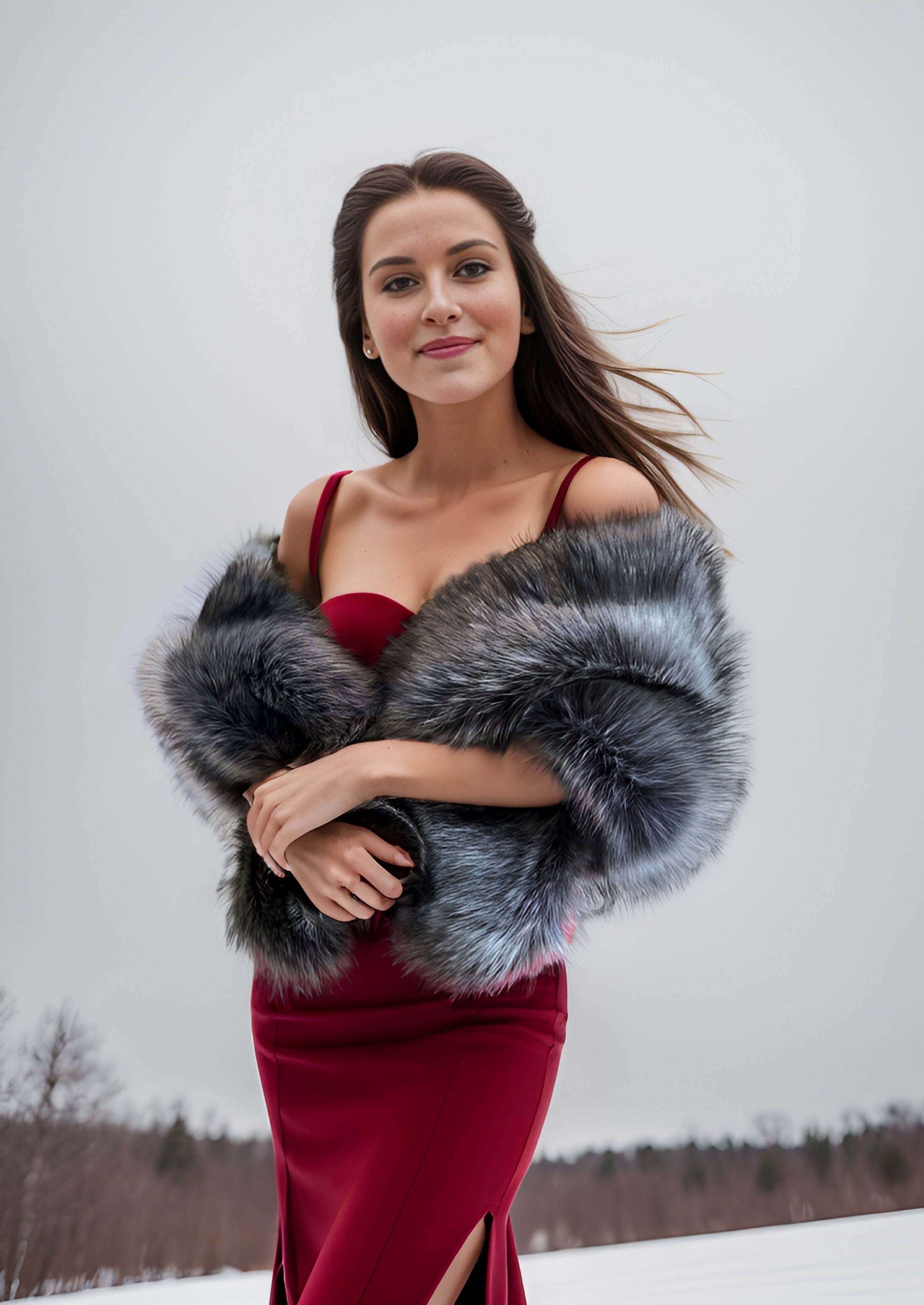 Elegant Dark Grey Fur Shawl for Brides - Soft & Luxurious Winter Wedding Wrap (DGry03) - Perfect for Bridal Photos, Ceremonies & Cold Weather Events