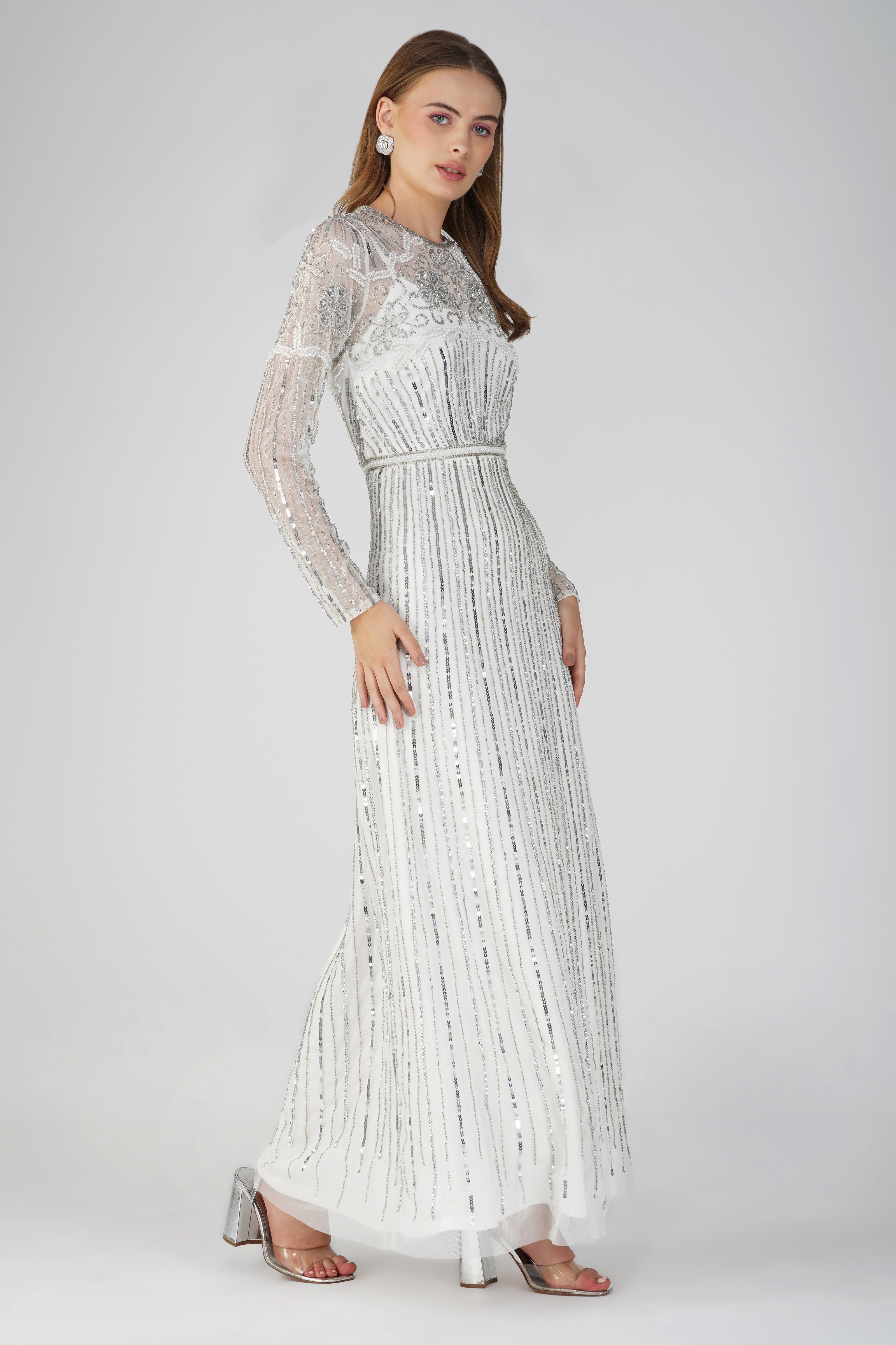 Teresa Silver Embellished Maxi Dress for Women - Elegant Evening Gown for Parties, Weddings & Special Occasions