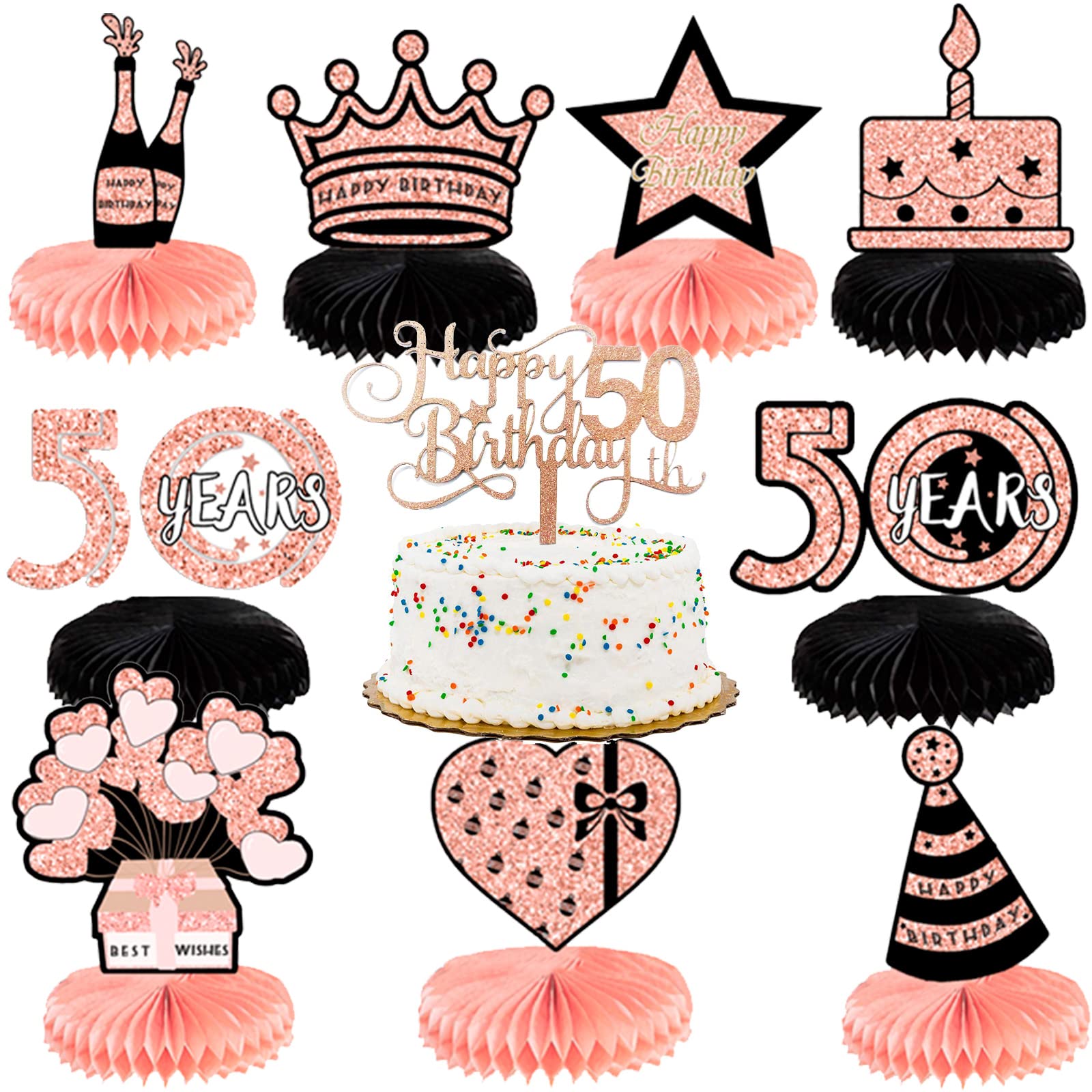 50th Birthday Party Decorations Set - 10 Piece Rose Gold Honeycomb Centerpieces with Cake Topper for Women, Table Decor for 50 Years Celebration, Anniversary, Retirement Party & Milestone Events