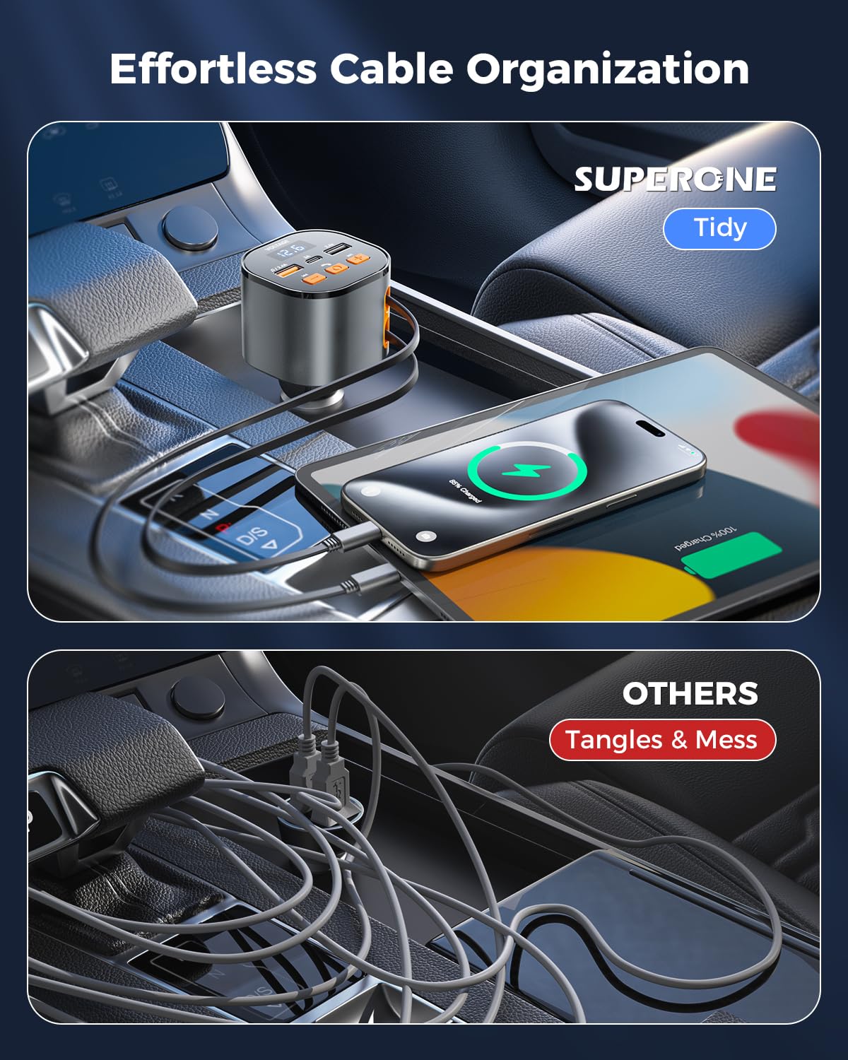 SUPERONE Bluetooth 5.3 Car Adapter with Retractable PD 30W Fast Charger | FM Transmitter & Receiver | Hands-Free Calling & MP3 Music Player | LED Display | USB Port - Perfect for Road Trips & Commuting