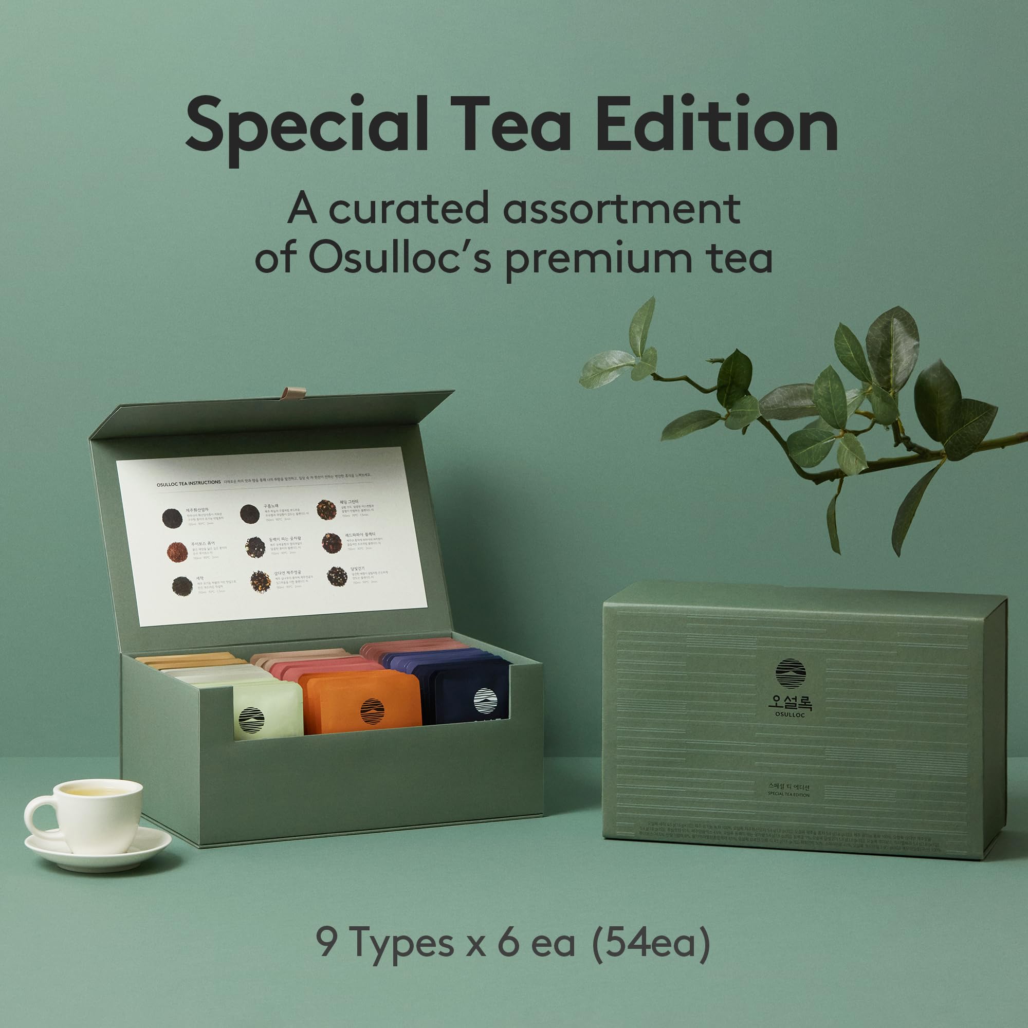 OSULLOC Premium Tea Variety Sampler - 54 Count (9 Flavors x 6 Each) | Gourmet Pure & Blended Tea from Jeju Island | Self Care Gift Box for Tea Lovers | Perfect for Relaxation, Gifting & Afternoon Tea Time