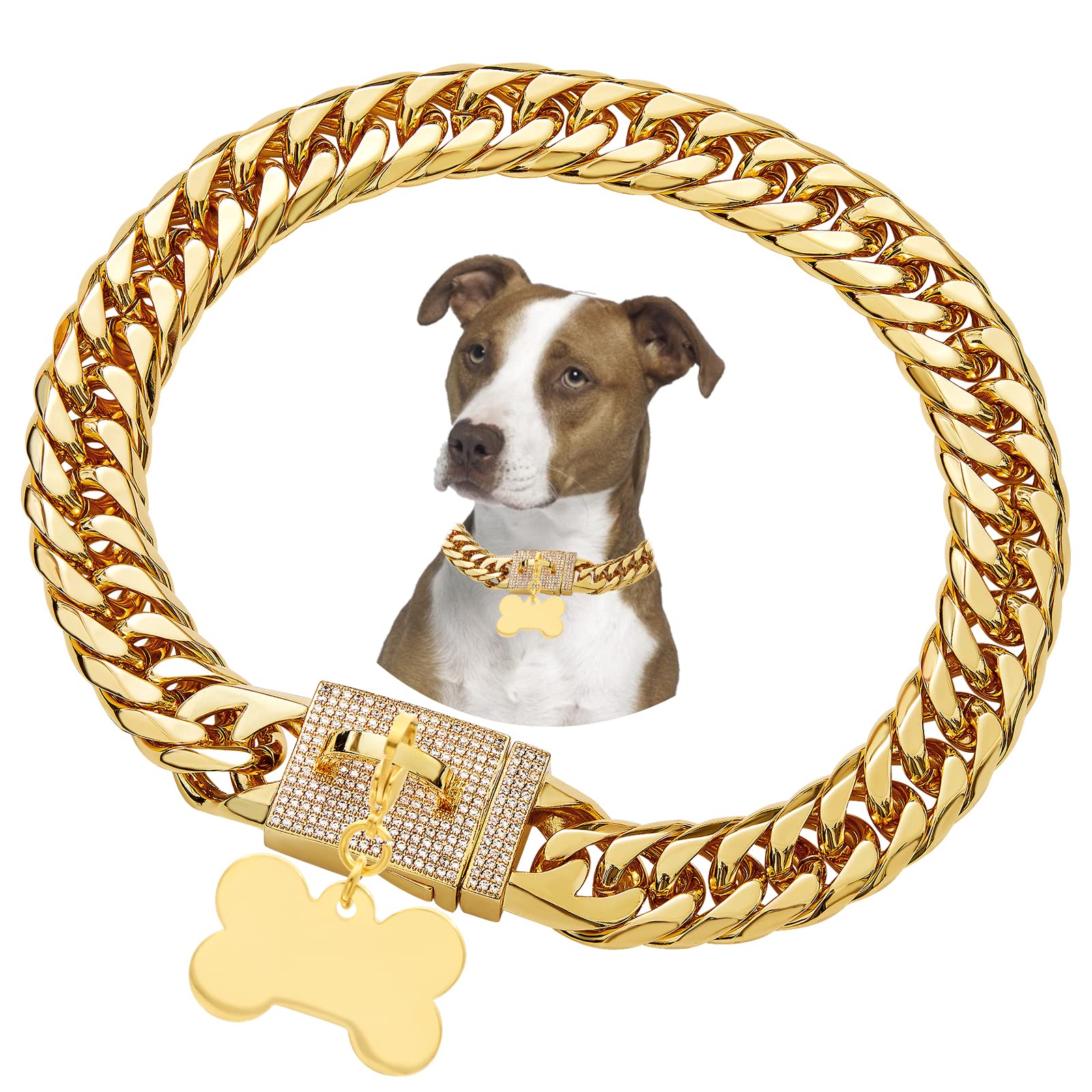 18K Gold Plated Dog Chain Collar - Luxury Stainless Steel Training Collar with Diamond Lock & Dog Tag - Strong Cuban Link Necklace for Large & Medium Dogs - Perfect for Training, Walks & Special Occasions