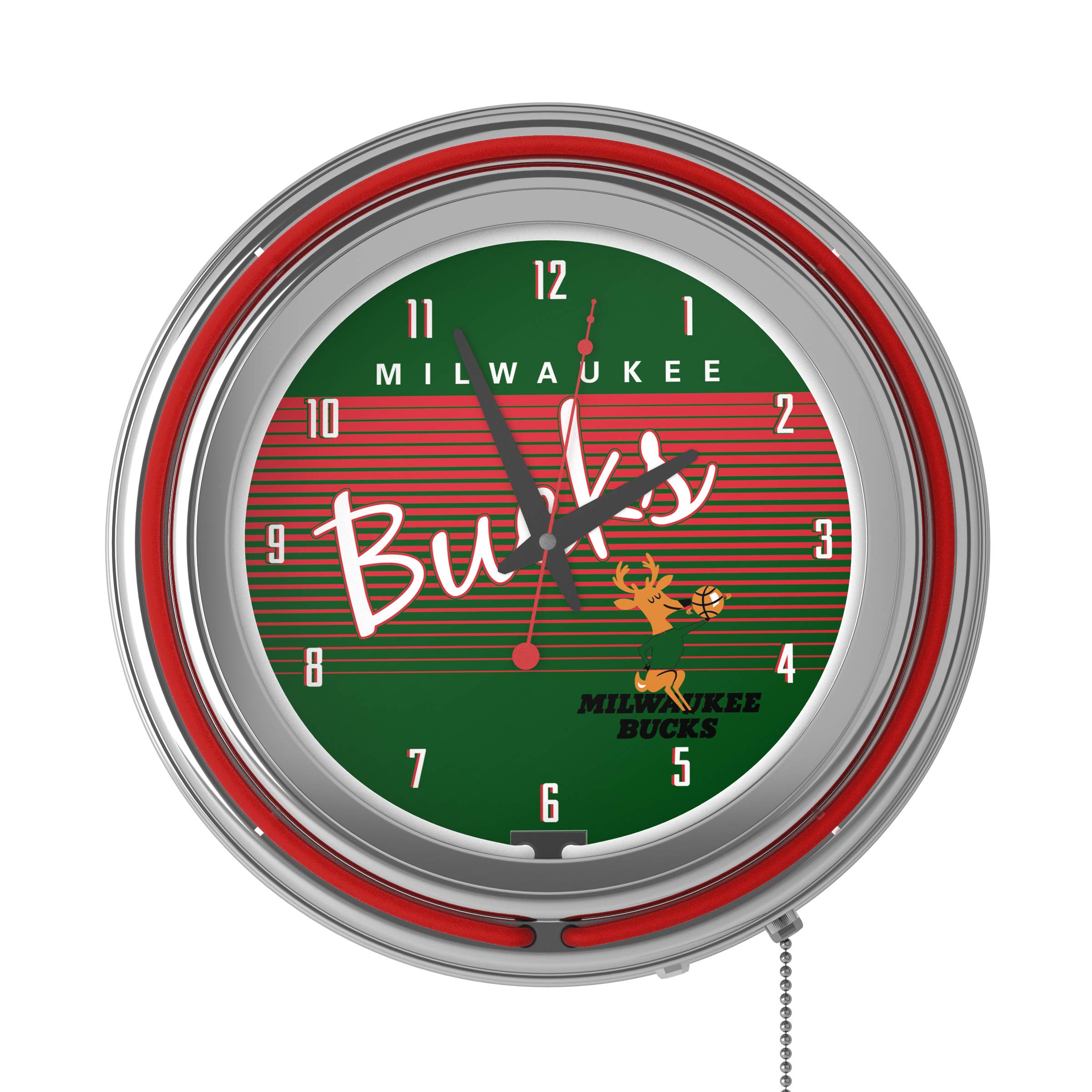Milwaukee Bucks Hardwood Classics NBA Chrome Neon Clock - Stylish LED Wall Clock for Home, Office, and Game Room Decor