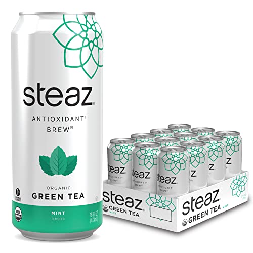 Organic Steaz Iced Green Tea with Mint - Antioxidant Rich, 16 Fl Oz (Pack of 12) | Refreshing Healthy Drink for Workouts, Office & Outdoor Activities