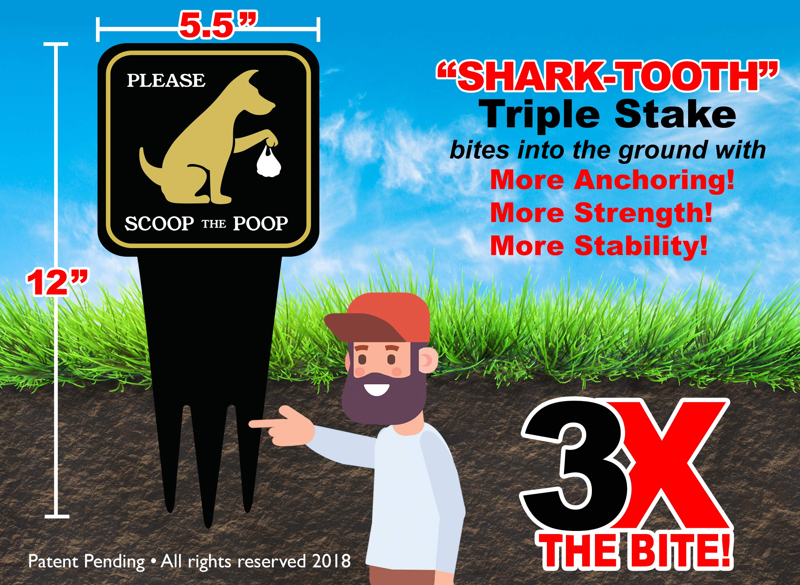 Dog Poop Clean Up Yard Sign with Stake - Heavy Duty Dibond Aluminum 12” x 5.5” - Scoop the Poop Lawn Sign for Pet Owners - Keep Off Grass Warning Sign - Unique Triple Self-Staking Design - Perfect for Front Yards, Parks & Dog Walking Areas